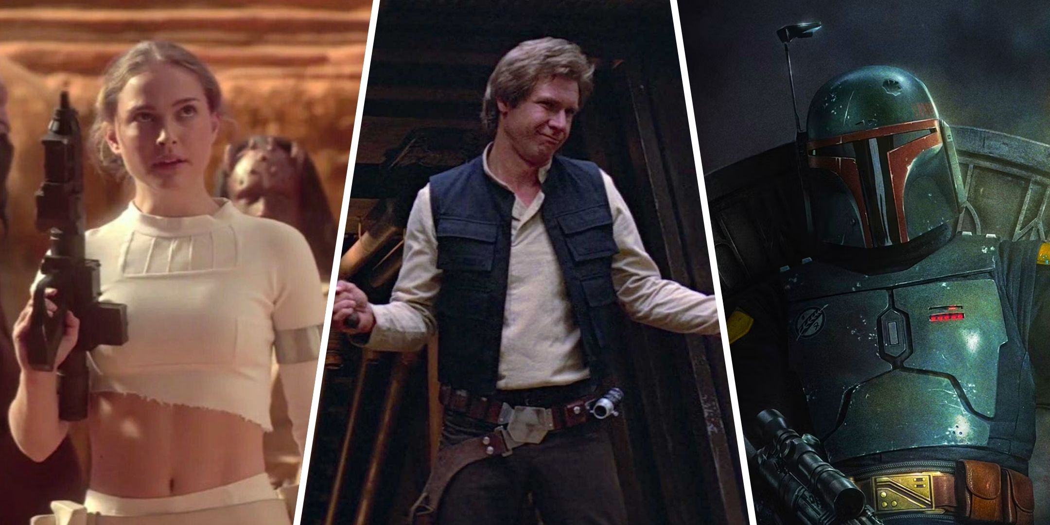 Split image of Padme Amidala Han Solo and Boba Fett from Star Wars