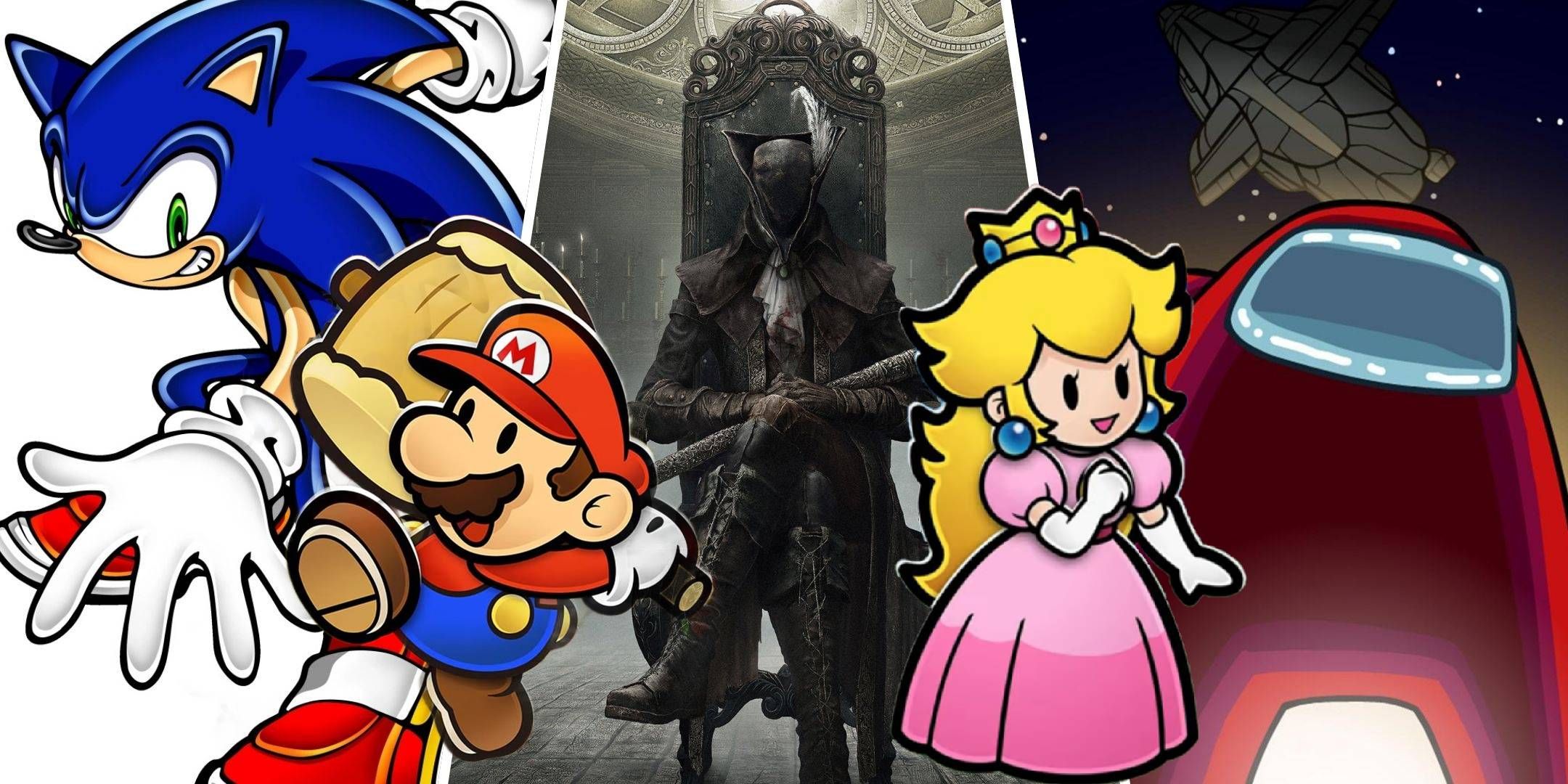 Split image of Sonic the Hedgehog the Hunter from Bloodborne and characters from Among Us with Mario and Peach from Paper Mario the Thousand Year Door remake