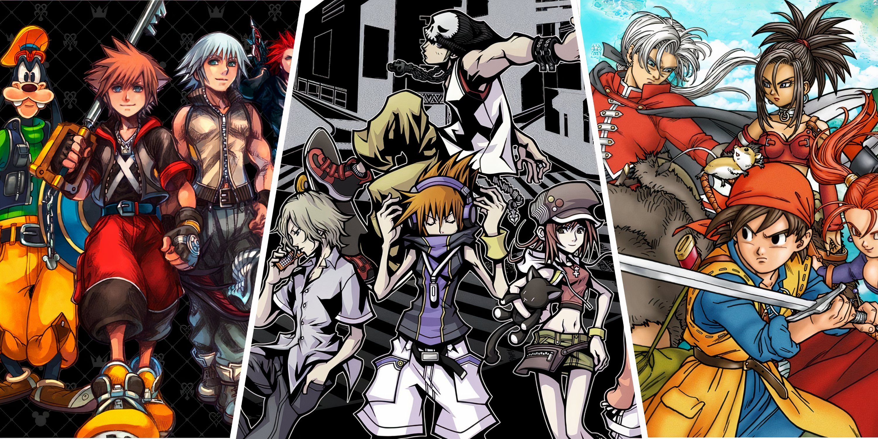 Split images of Kingdom Hearts, The World Ends With You, and Dragon Quest 8