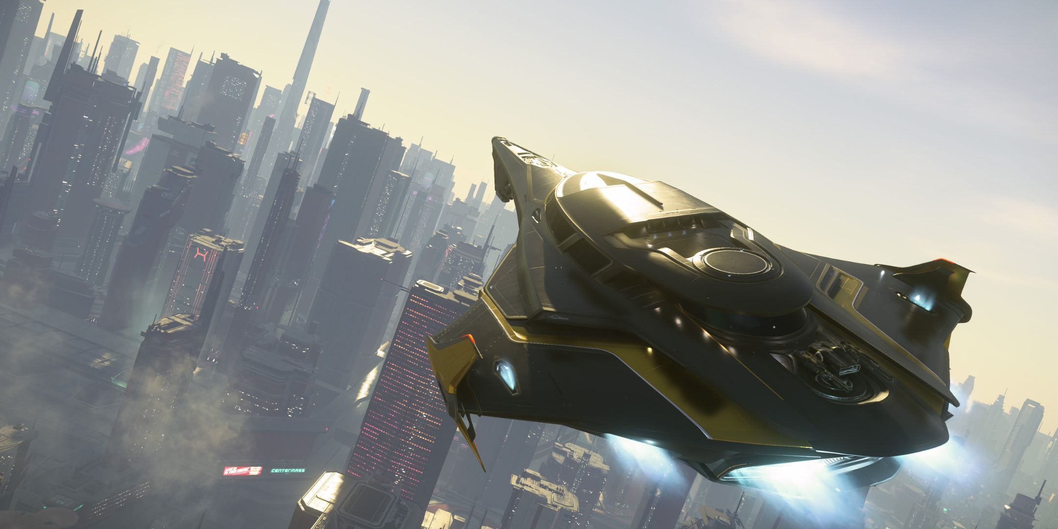 A hovercraft in Star Citzen, flying over a sci-fi city setting