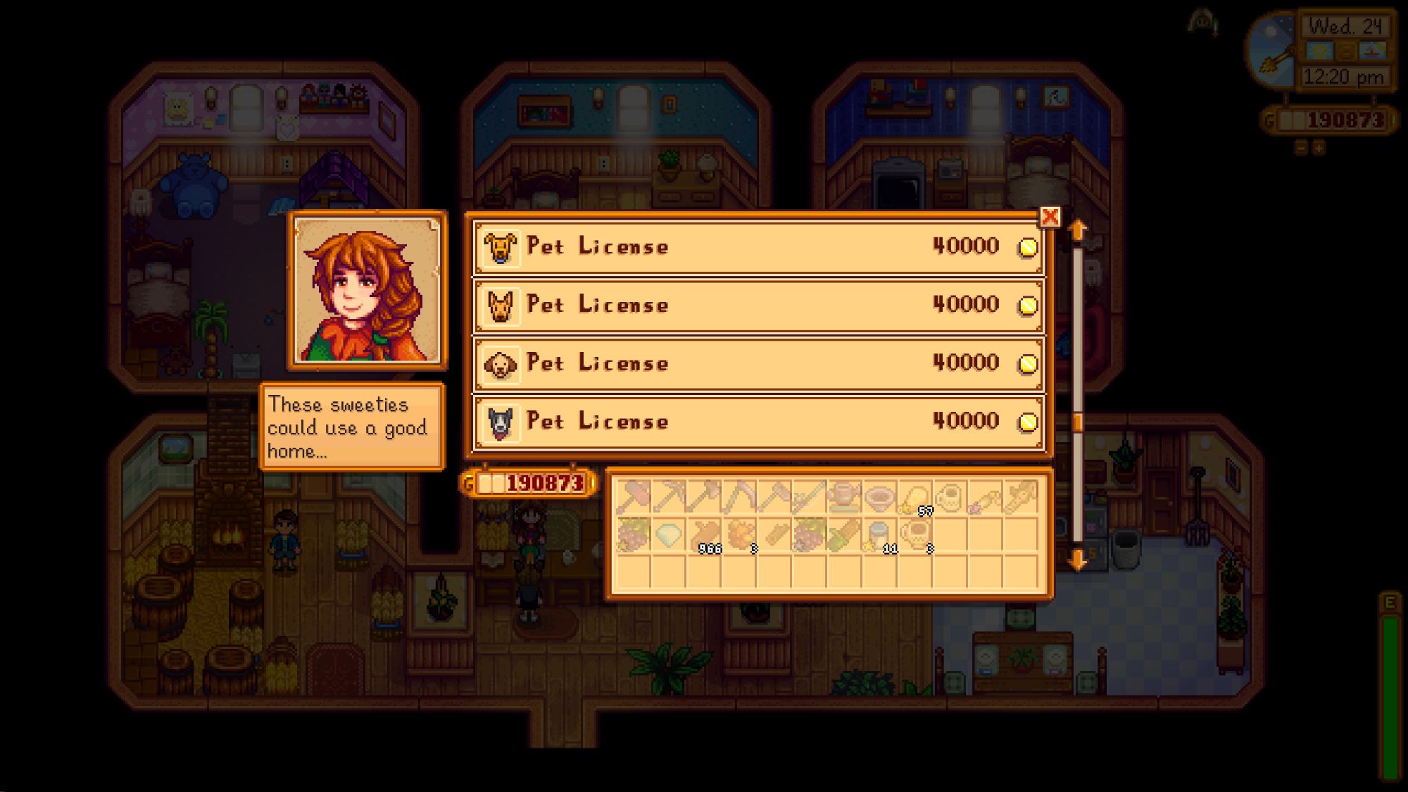 An image from Stardew Valley of Marnie's shop, where you can adopt a pet for 40,000g.