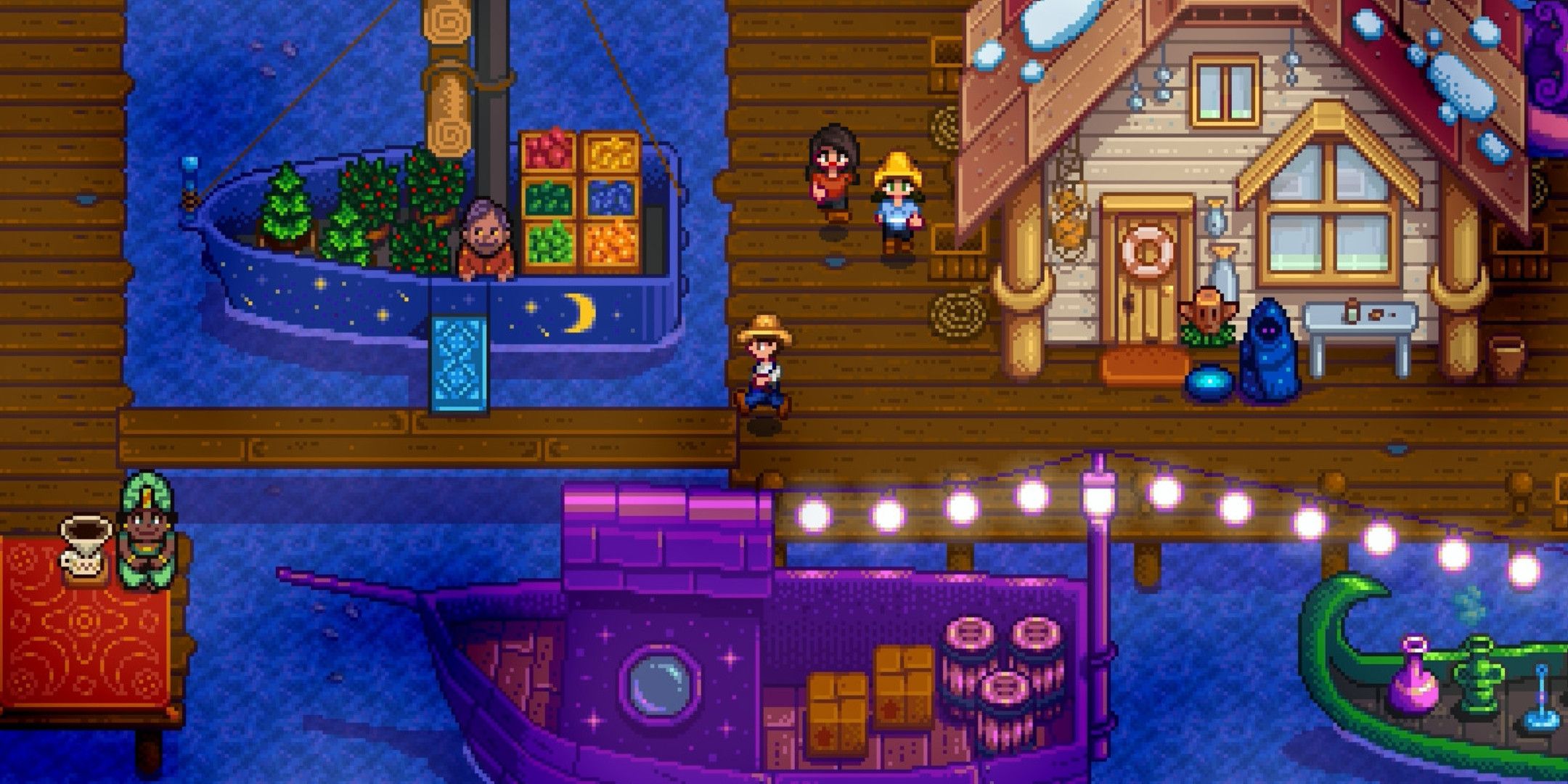 Stardew Valley character running along a dock at night