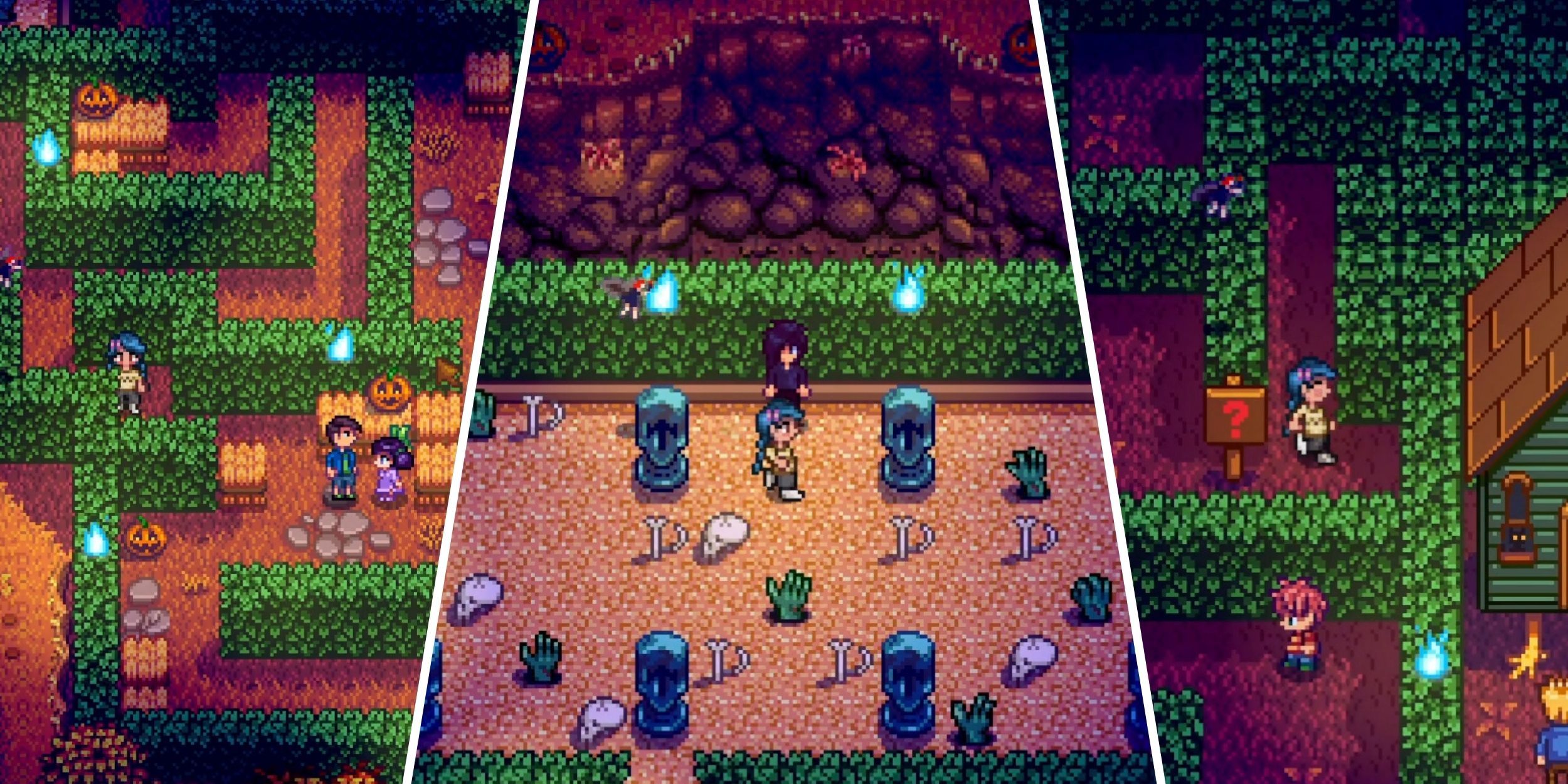 Three areas of the second version of the Spirit's Eve maze in Stardew Valley.