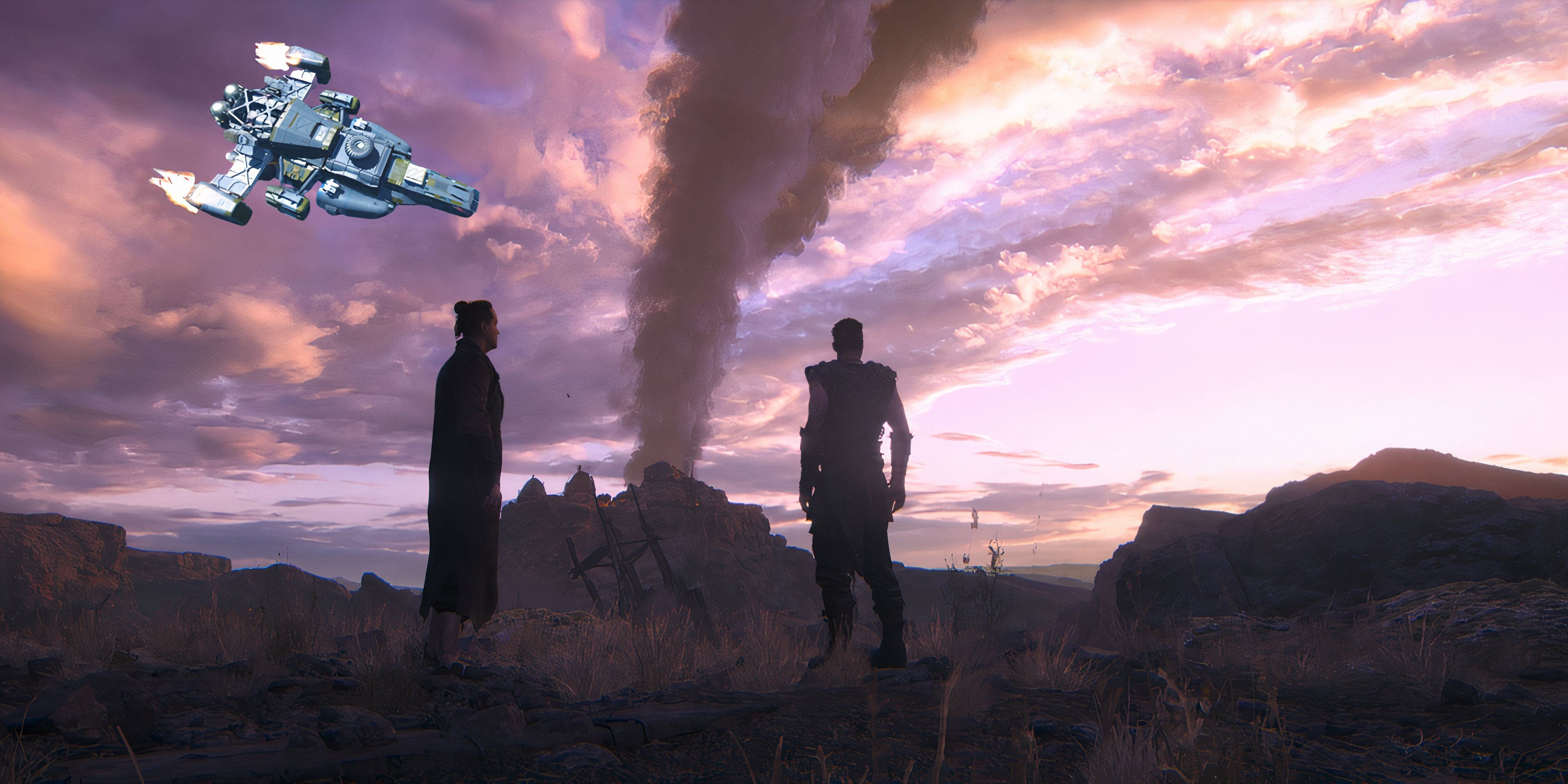 Starfield ship in the sky above Hellblade 2 screen of sunset