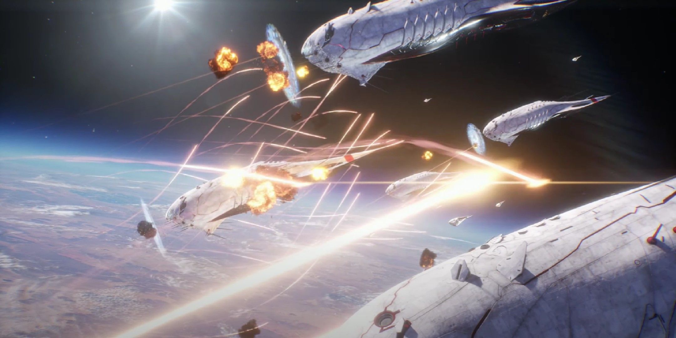 Stellar Blade image showing the 7th airborne squad spaceships being fired upon