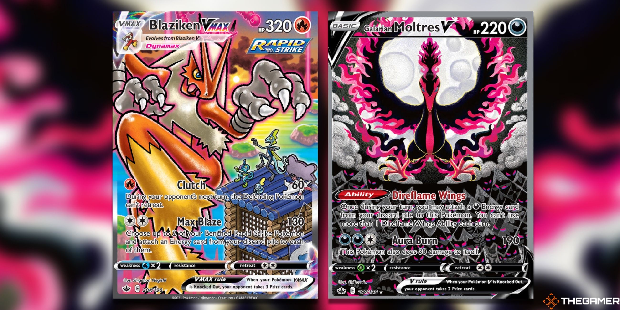 The Blaziken VMAX and Moltres V arts from Chilling Reign in the Pokemon TCG.