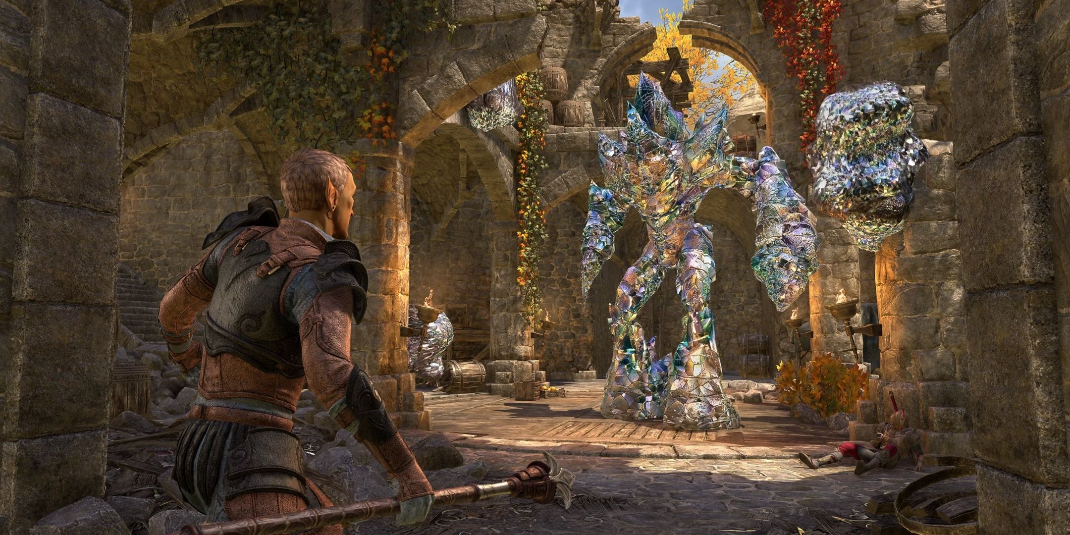 A bosmer heading towards a crystal golem in The Elder Scrolls Online.