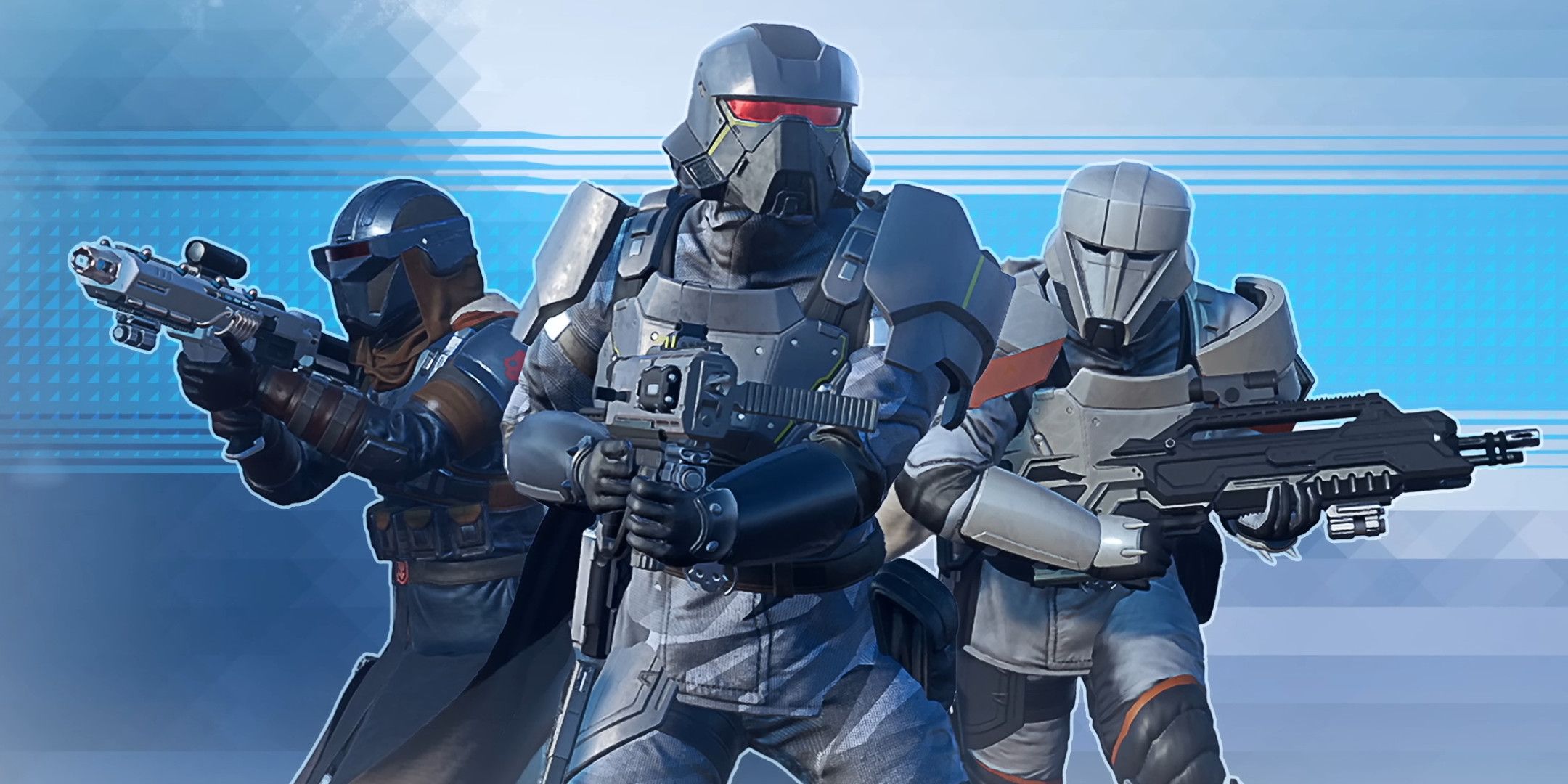 Three Helldivers soldier in various armor holding different weapons on a blue background