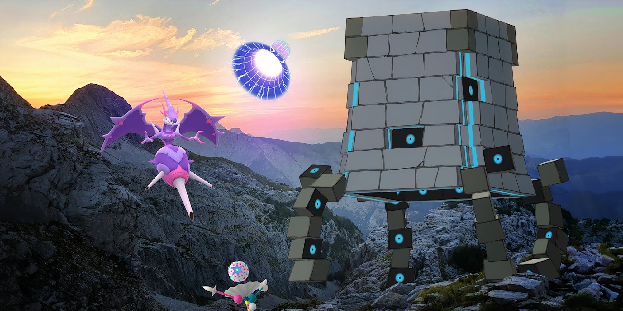 Image of Naganadel, Blacephalon, and Stakataka from Pokemon, all on a rocky cliffside