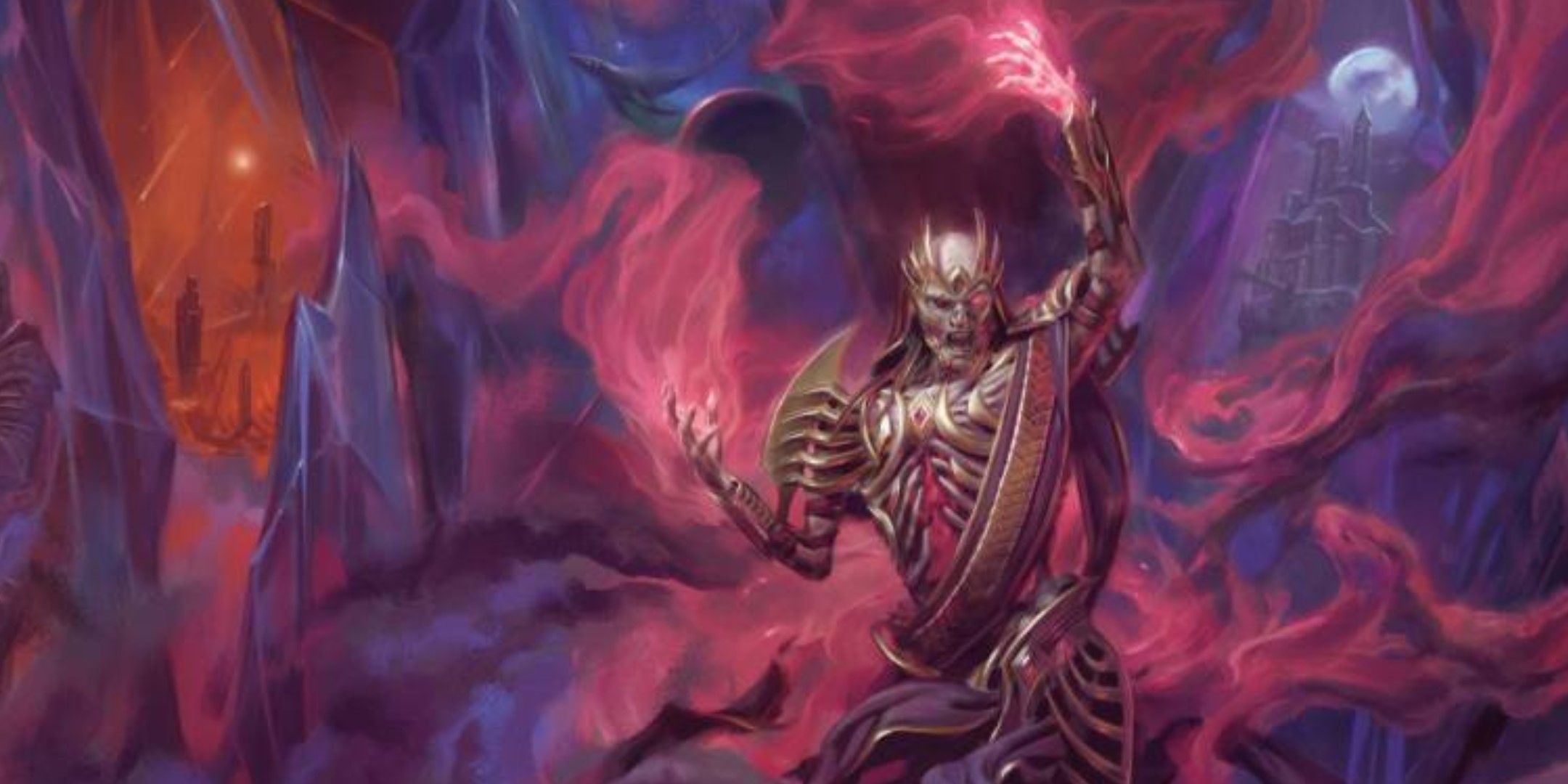 The lich god Vecna stands with glowing red hands over a plane of swirling red