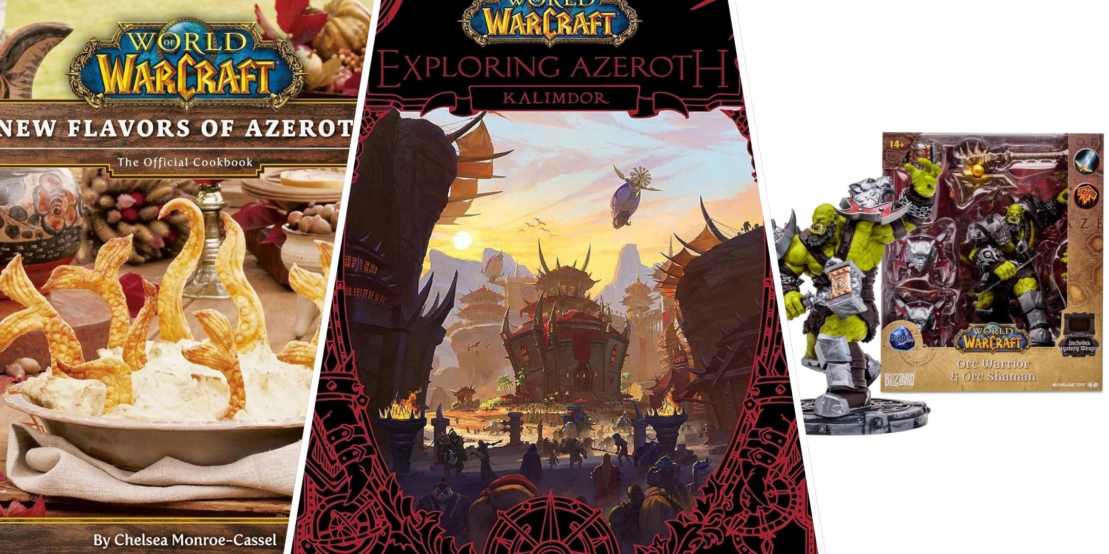 A three-part image of the WoW cookbook “Exploring Azeroth” and the McFarlane Orcish Warrior figure.