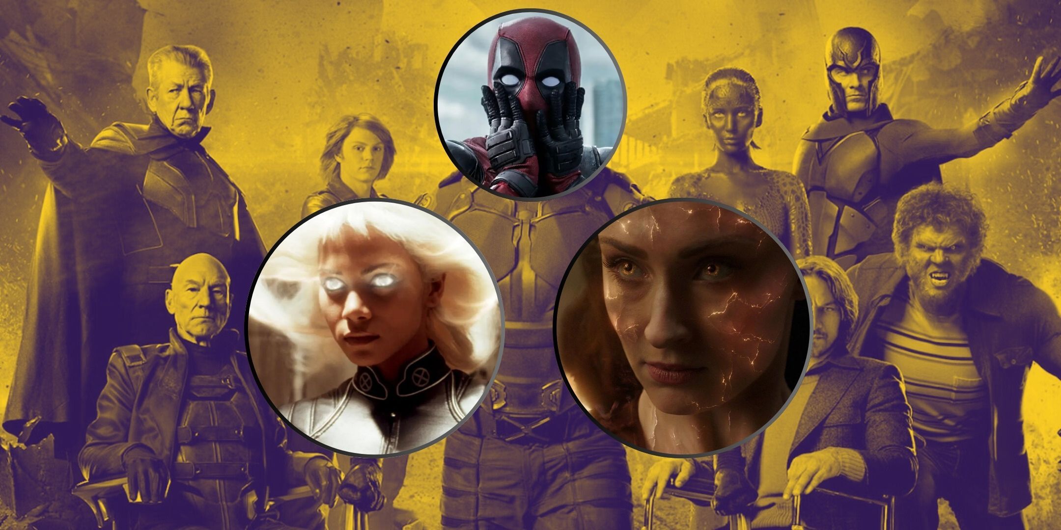X-Men Movies Featured Image Yellow X-Men Poster in background with Deadpool, Storm, and Jean Grey's heads on circles in the foreground