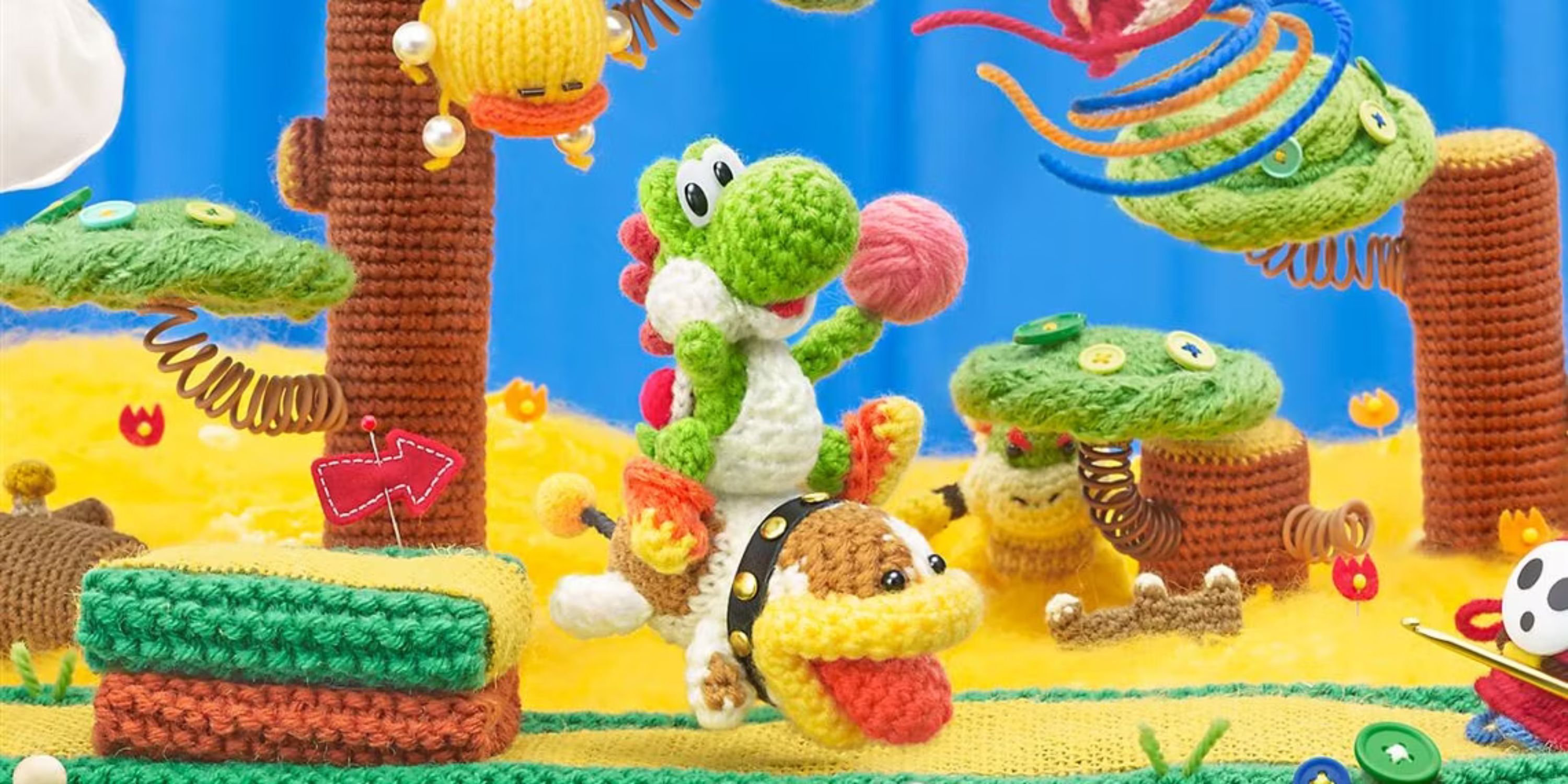 Yoshi's rides Poochy through a woolly world as Bowser Jr. watches from behind a tree