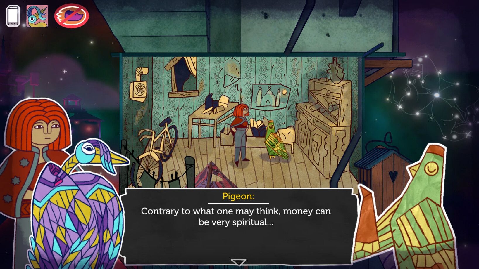 Zig talking to Pigeon in 30 Birds.
