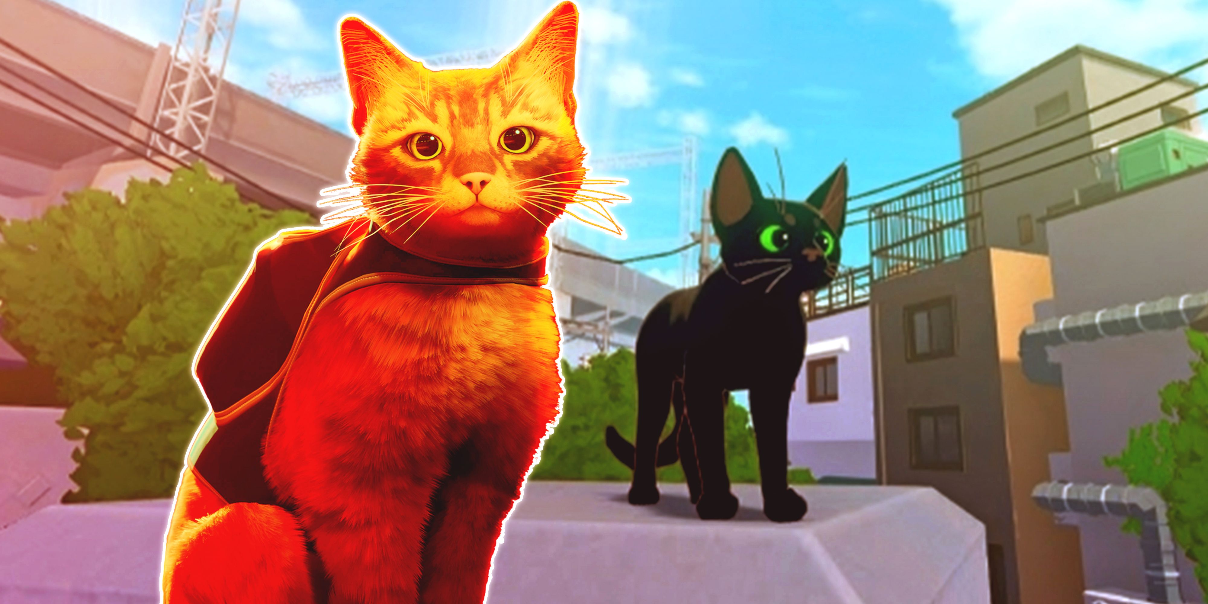 A screenshot from Little Kitty Big City showing the black cat, with the orange cat from Stray in the foreground