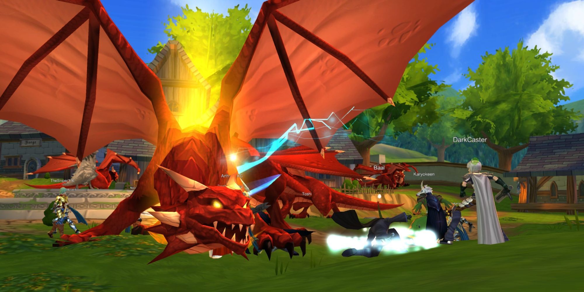 بازیکنان در AdventureQuest 3D با اژدهای قرمز مبارزه می کنند