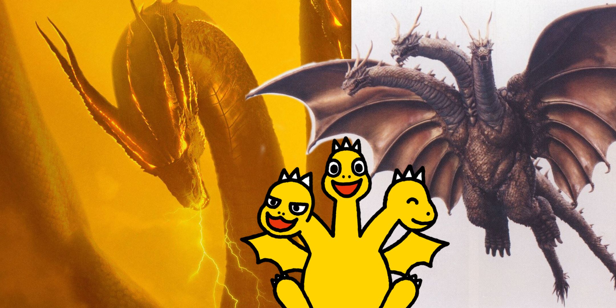 Various versions of a yellow three headed dragon are shown in a split image.