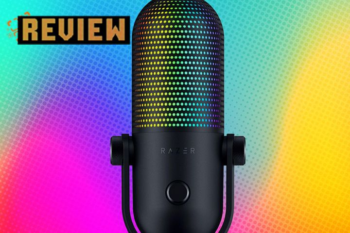 Razer Seiren V3 Chroma against a multicolour backdrop with the review overlay.