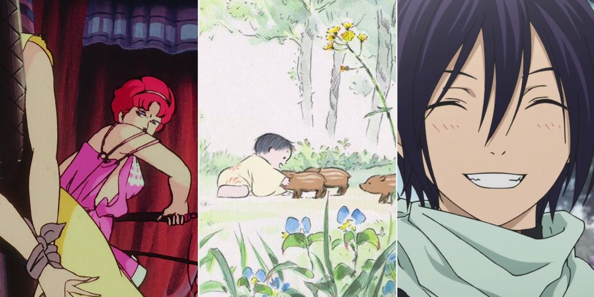 A compilation of mythological anime. From left to right: Arion, The Tale of Princess Kaguya, and Noragami: Stray God.