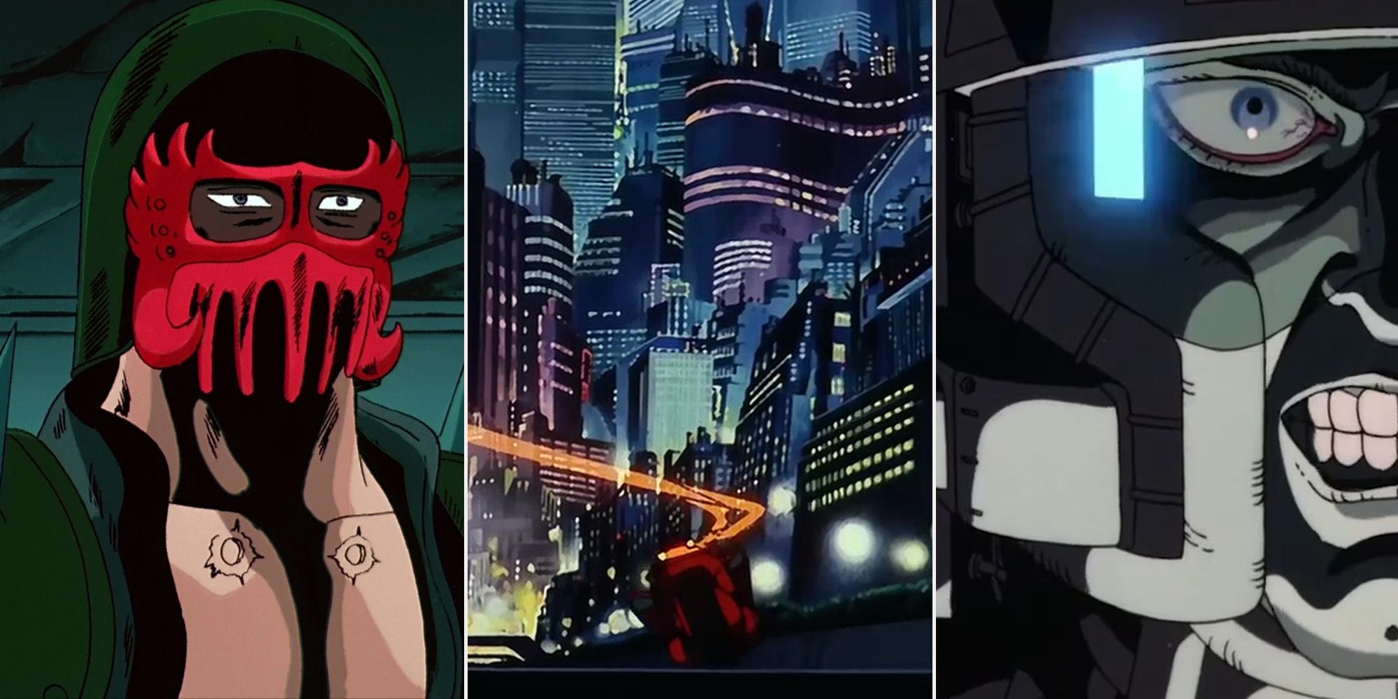 Screenshots from anime of the 1980s. From left to right: Fist of the North Star, Akira and the 