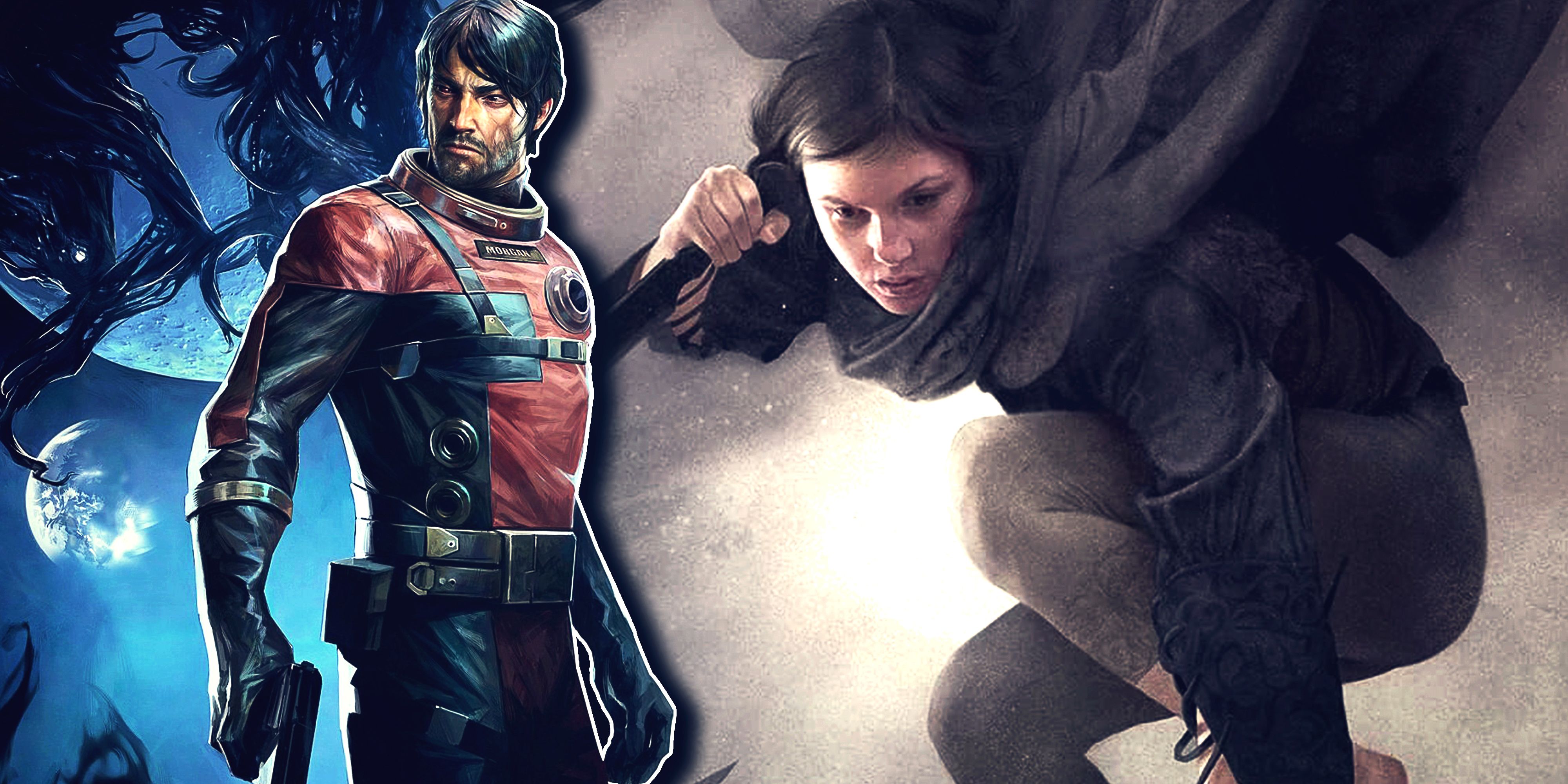 Split image with Morgan Yu from Prey and Vin from the cover of Mistborn: The Final Empire.