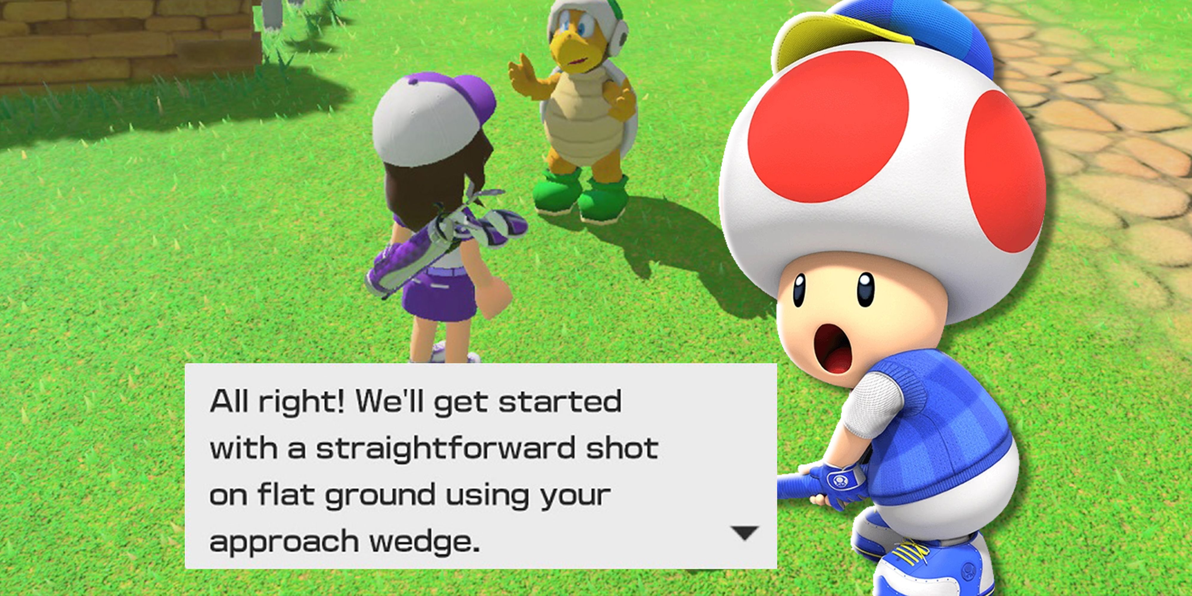 Toad in the foreground, with gameplay from Mario Golf: Super Rush showing a Koopa instructing a player how to golf in the background