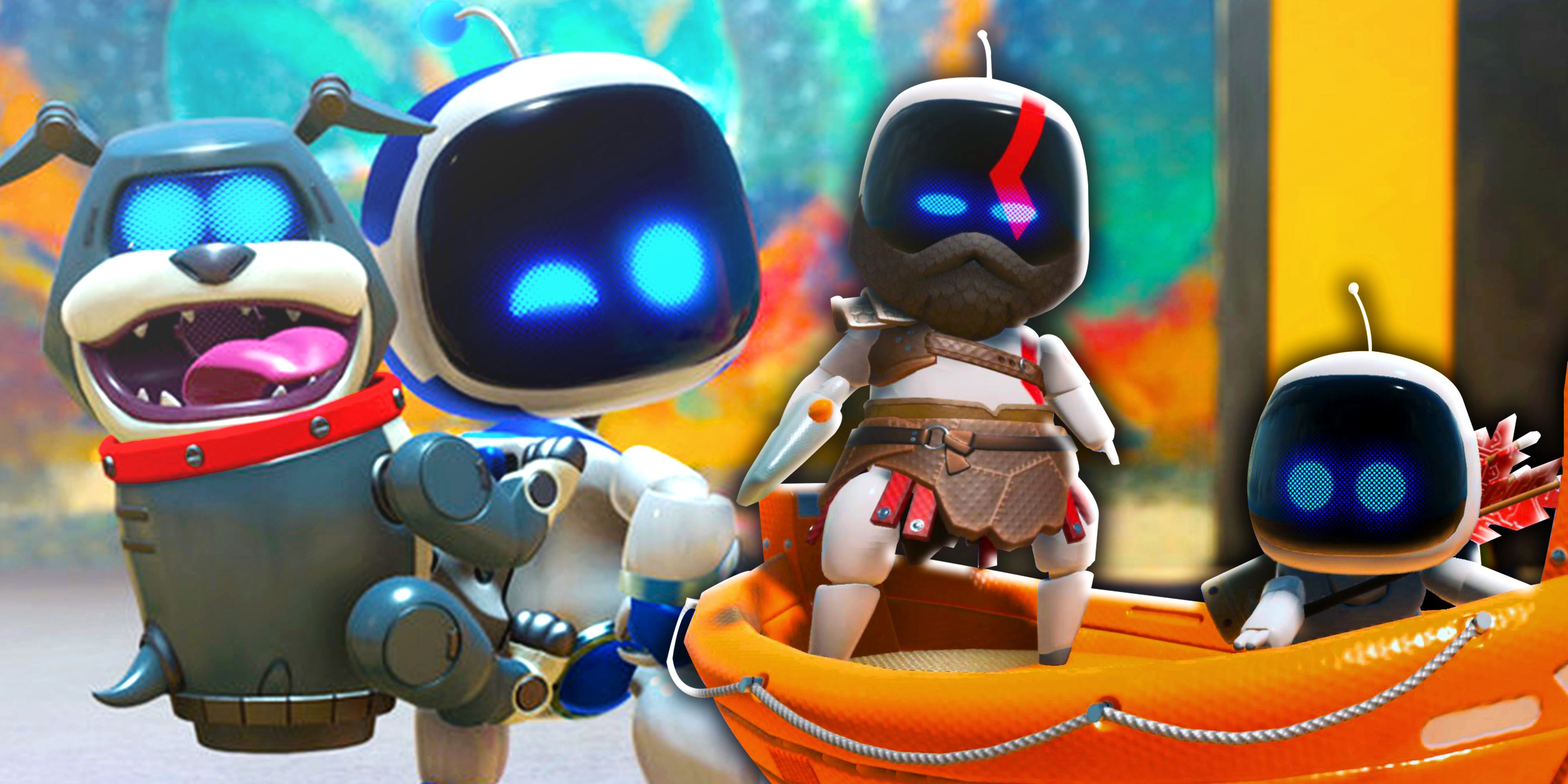Various characters from Astro Bot, including one dressed like Kratos