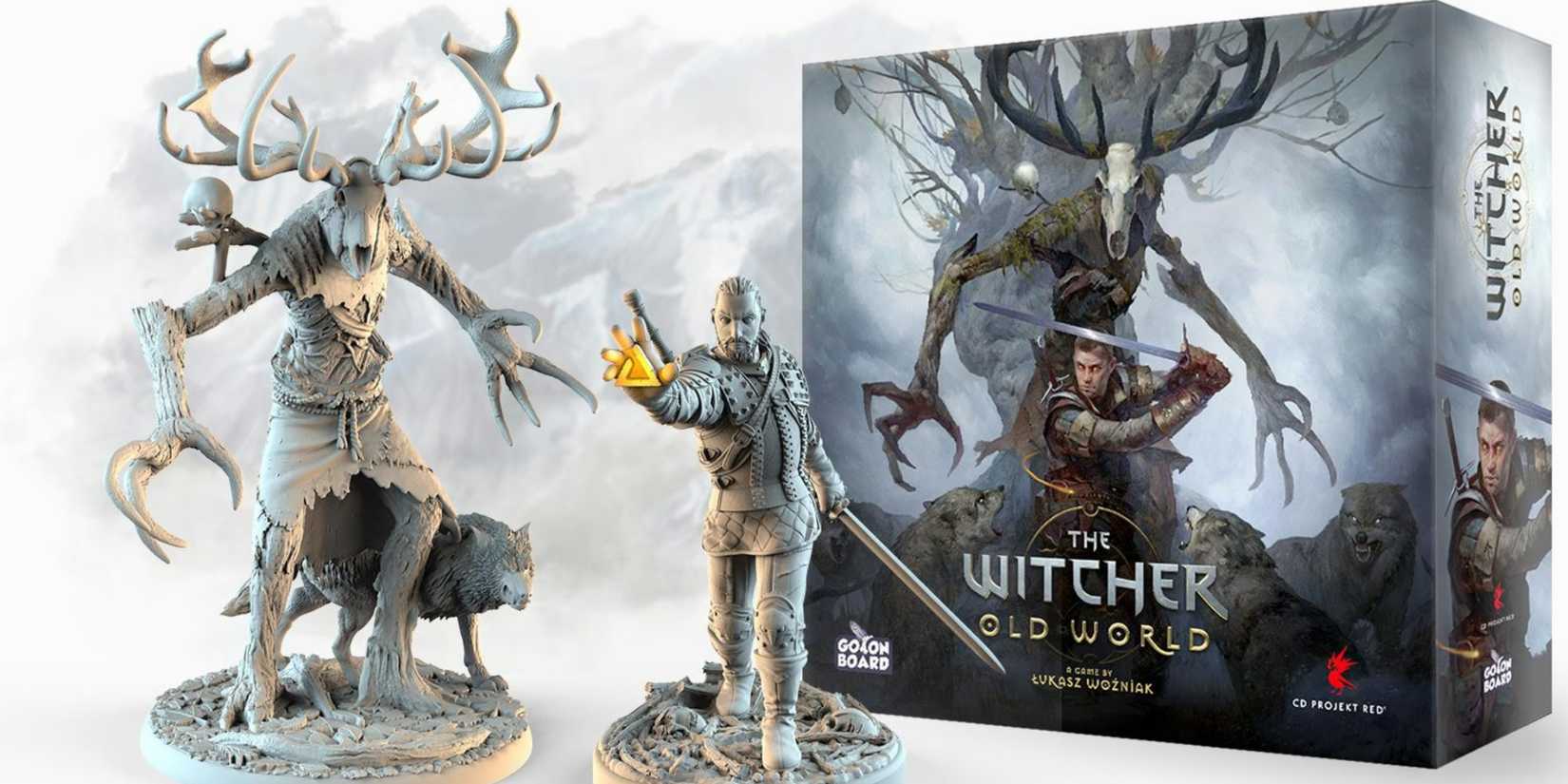 Image of The Witcher: Old World board game with models standing in front of it. 