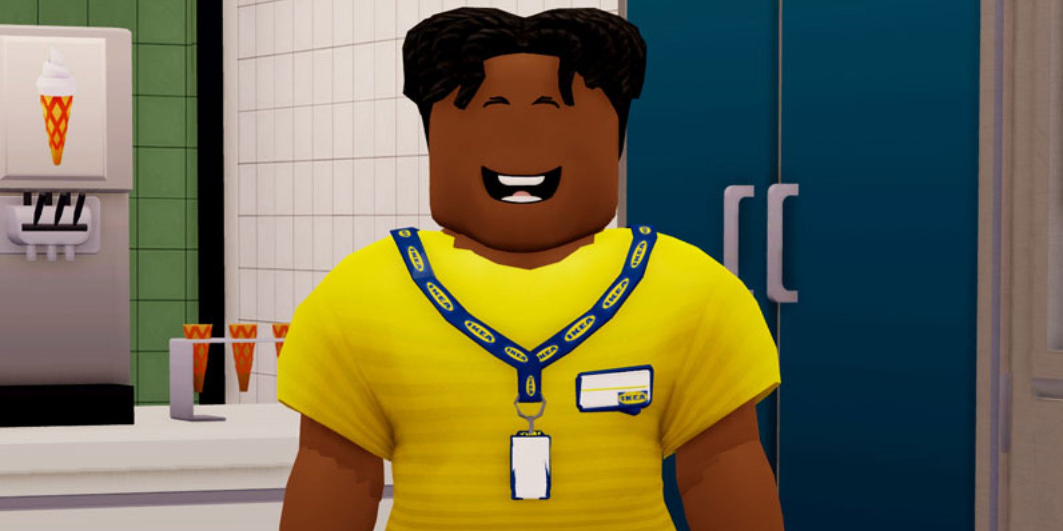 A Roblox avatar in a yellow shirt with an Ikea lanyard
