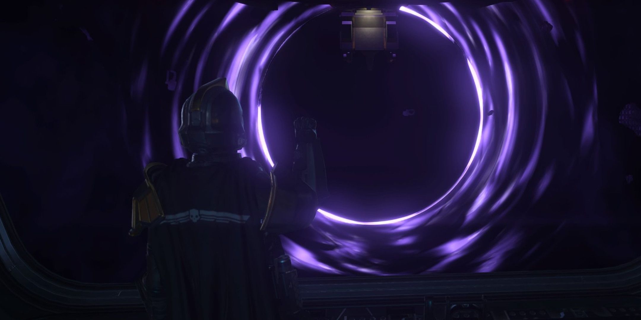 A man in armor and a cape saluting in front of a massive purple black hole