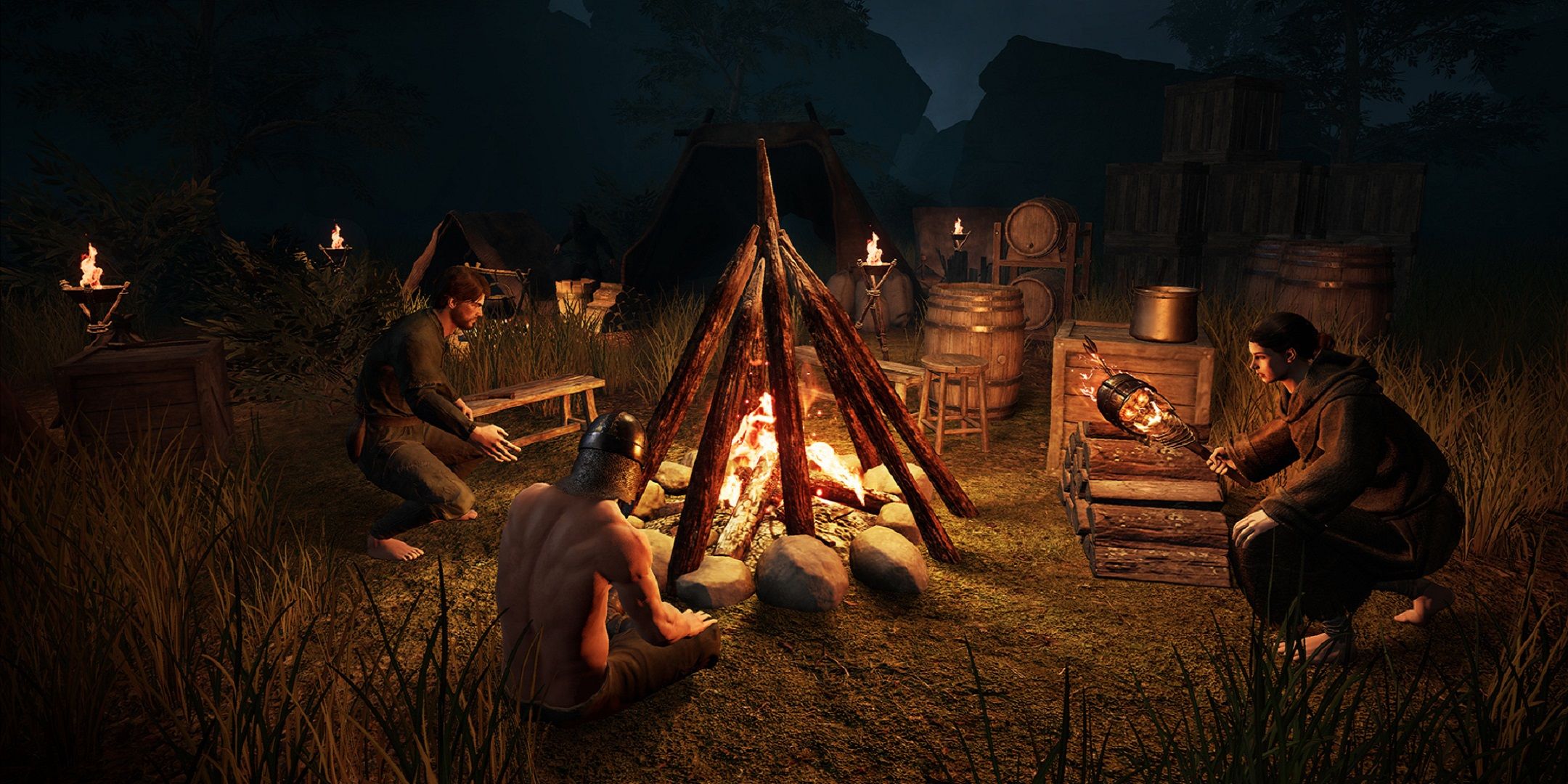 a party around a campfire in dark and darker mobile