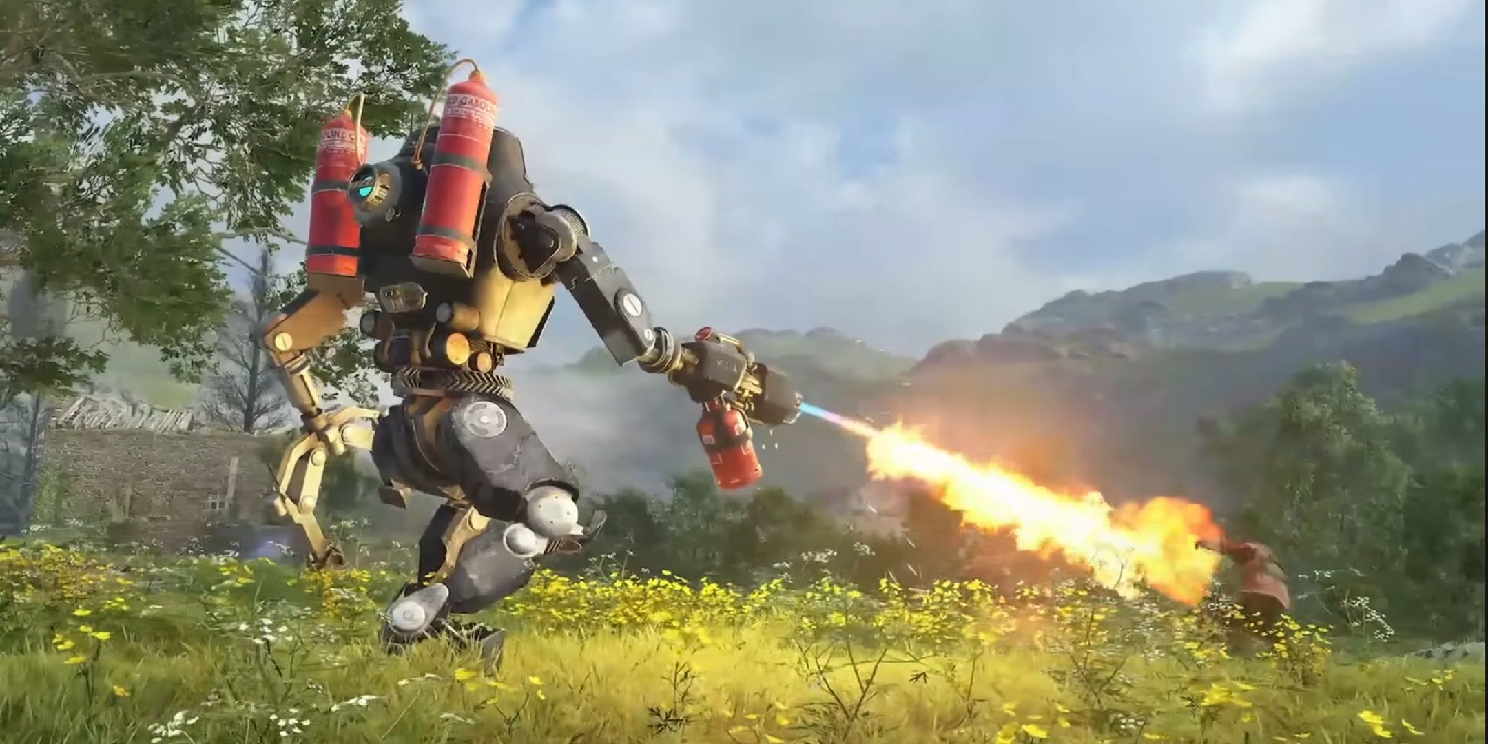 a robot fires a flamethrower in atomfall