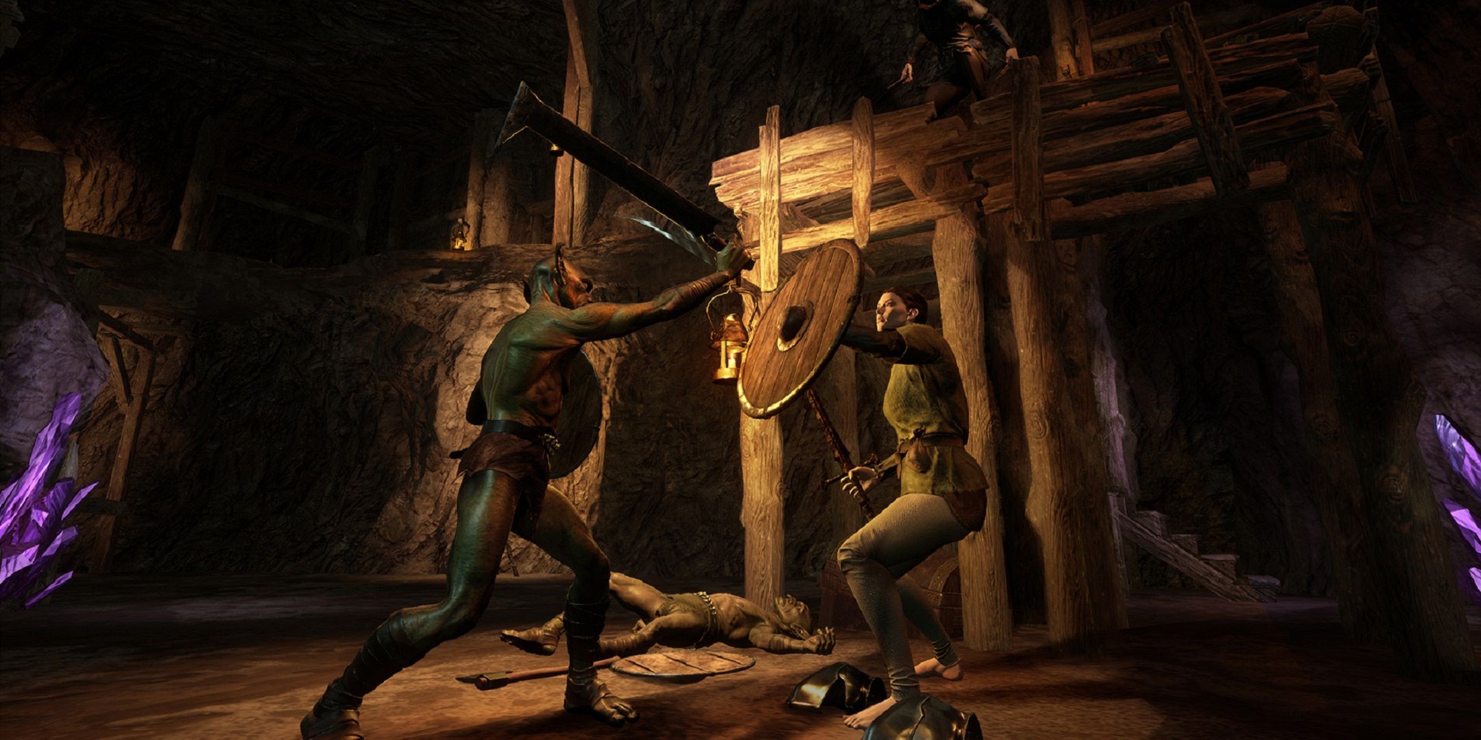 a soldier with a shield fights a goblin in dark and darker mobile