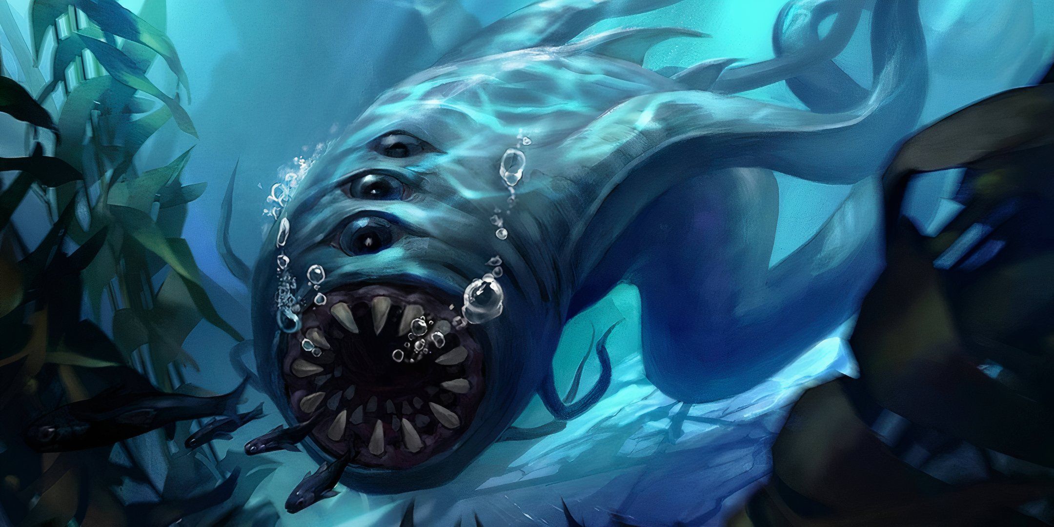 An Aboleth of Dungeons and Dragons swims in an underwater environment