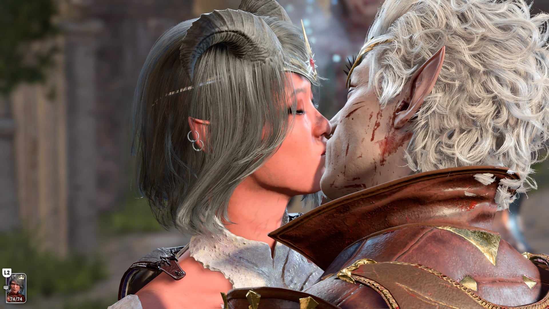 Astarion kissing a player character in Baldur's Gate 3.