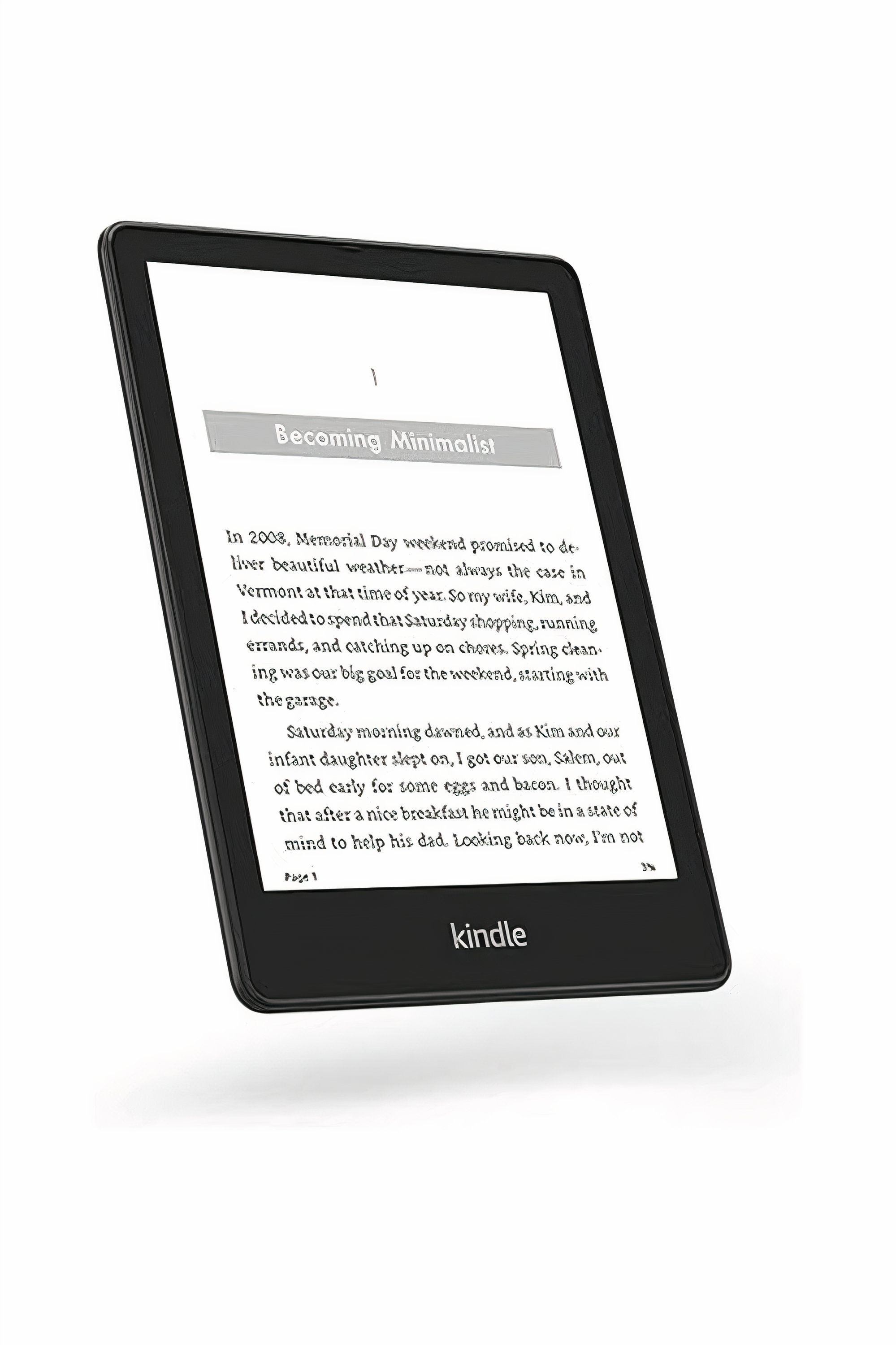 Amazon Kindle Paperwhite Signature Edition e-reader displays the first page of a book titled 