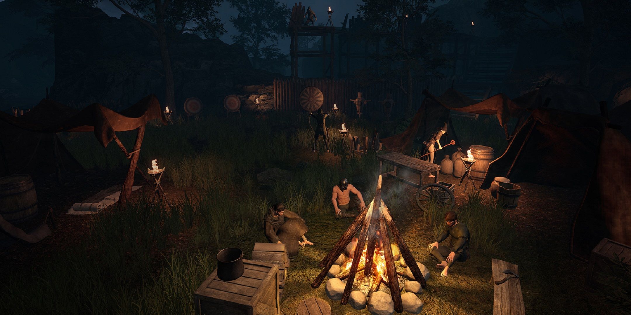 an adventuring party camping around a fire in dark and darker mobile