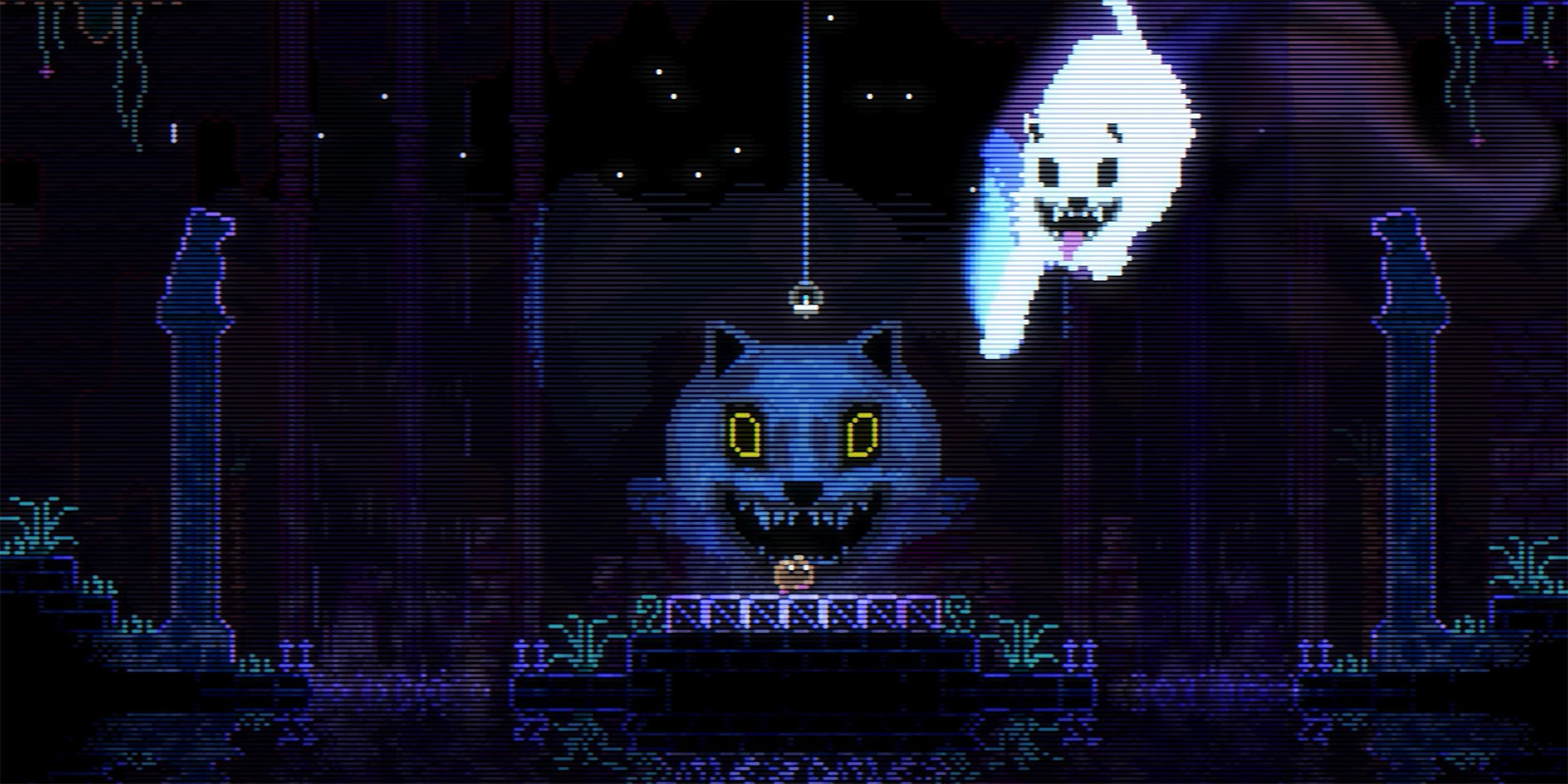 A ghost cat approaching the blob from Animal Well.