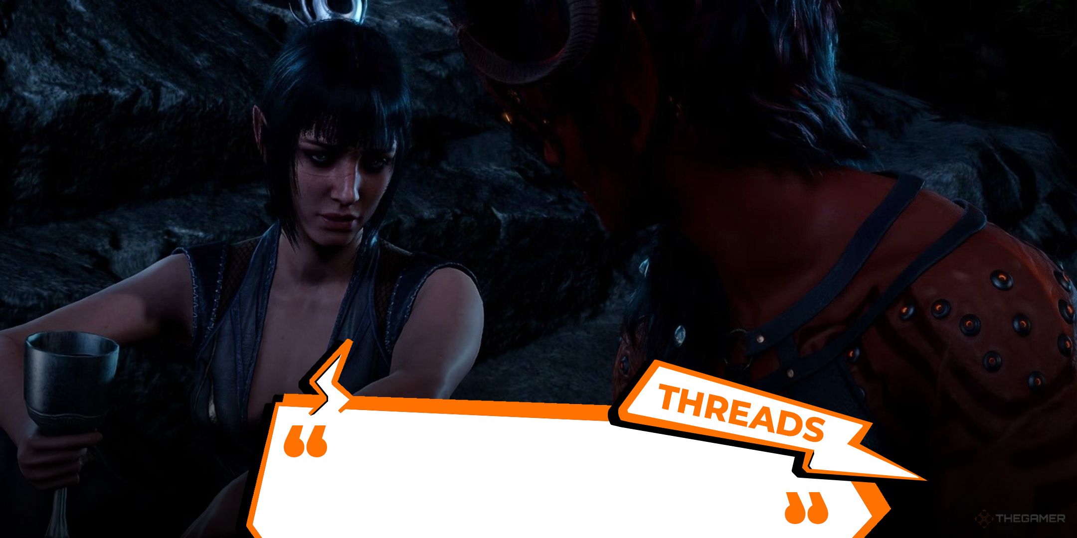 Shadowheart and Karlach in Baldur's Gate 3 with TheGamer's threads logo superimposed