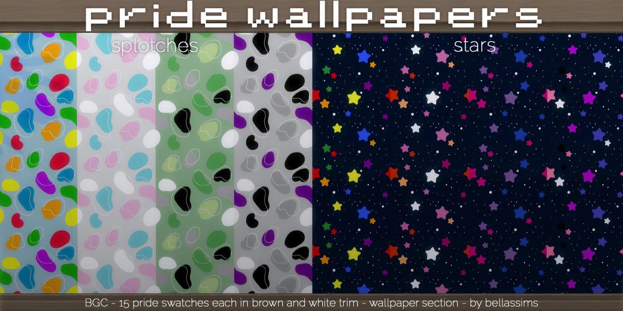Swatches of a few different Pride themed wallpapers for The Sims 4