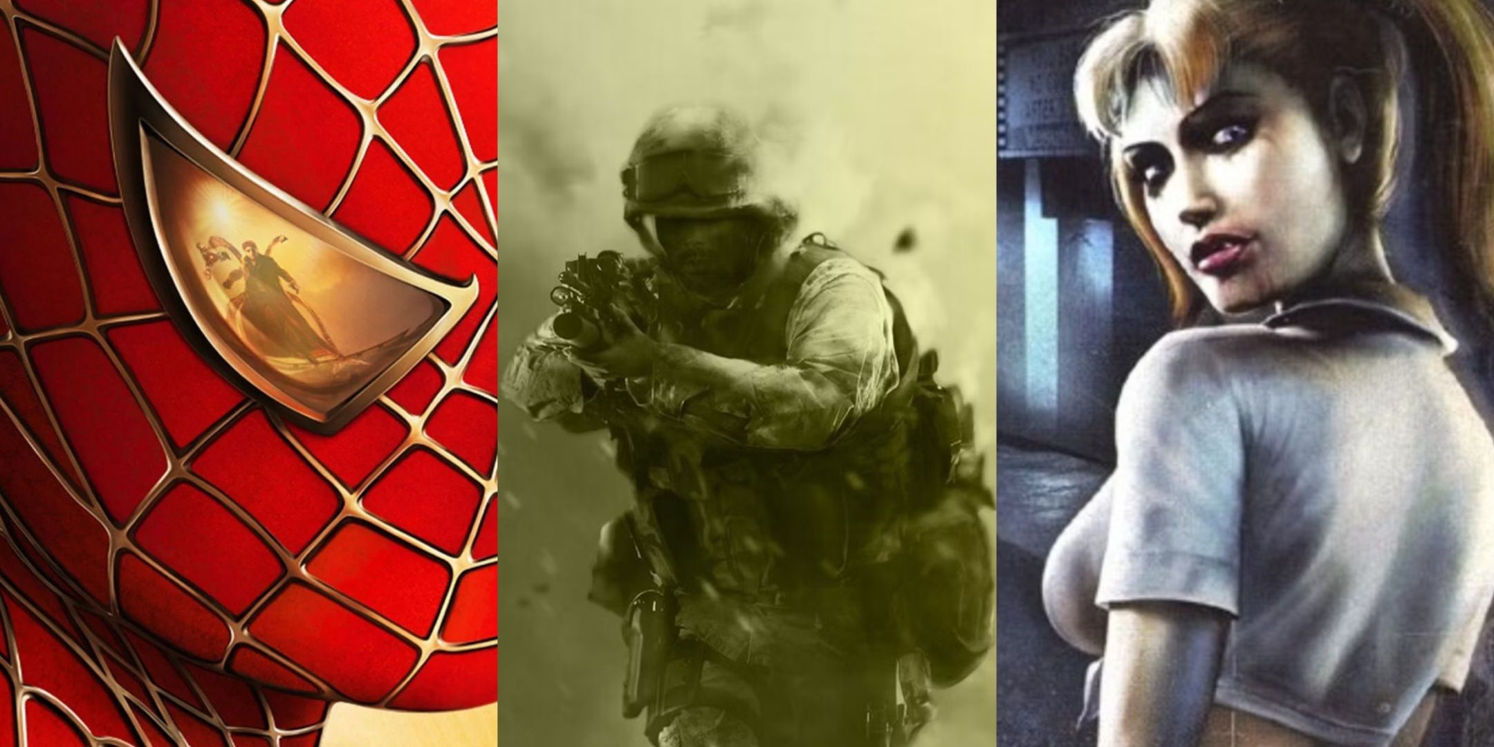 Box art to Spider-Man 2 2004, Call of Duty 4 Modern Warfare, and Vampire the Masquerade Bloodlines