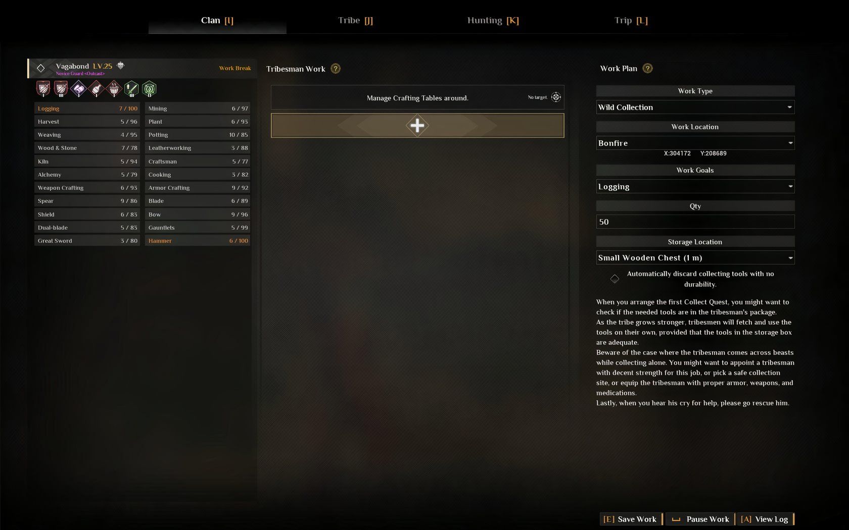 The work page of an NPC assigned to logging in Soulmask