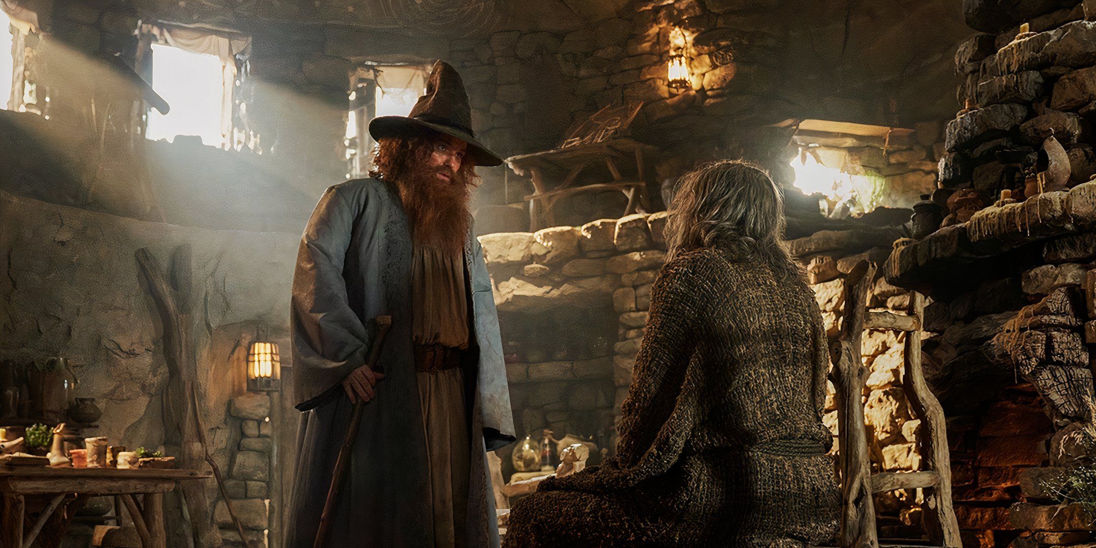 close up of tom bombadil and the stranger in the rings of power