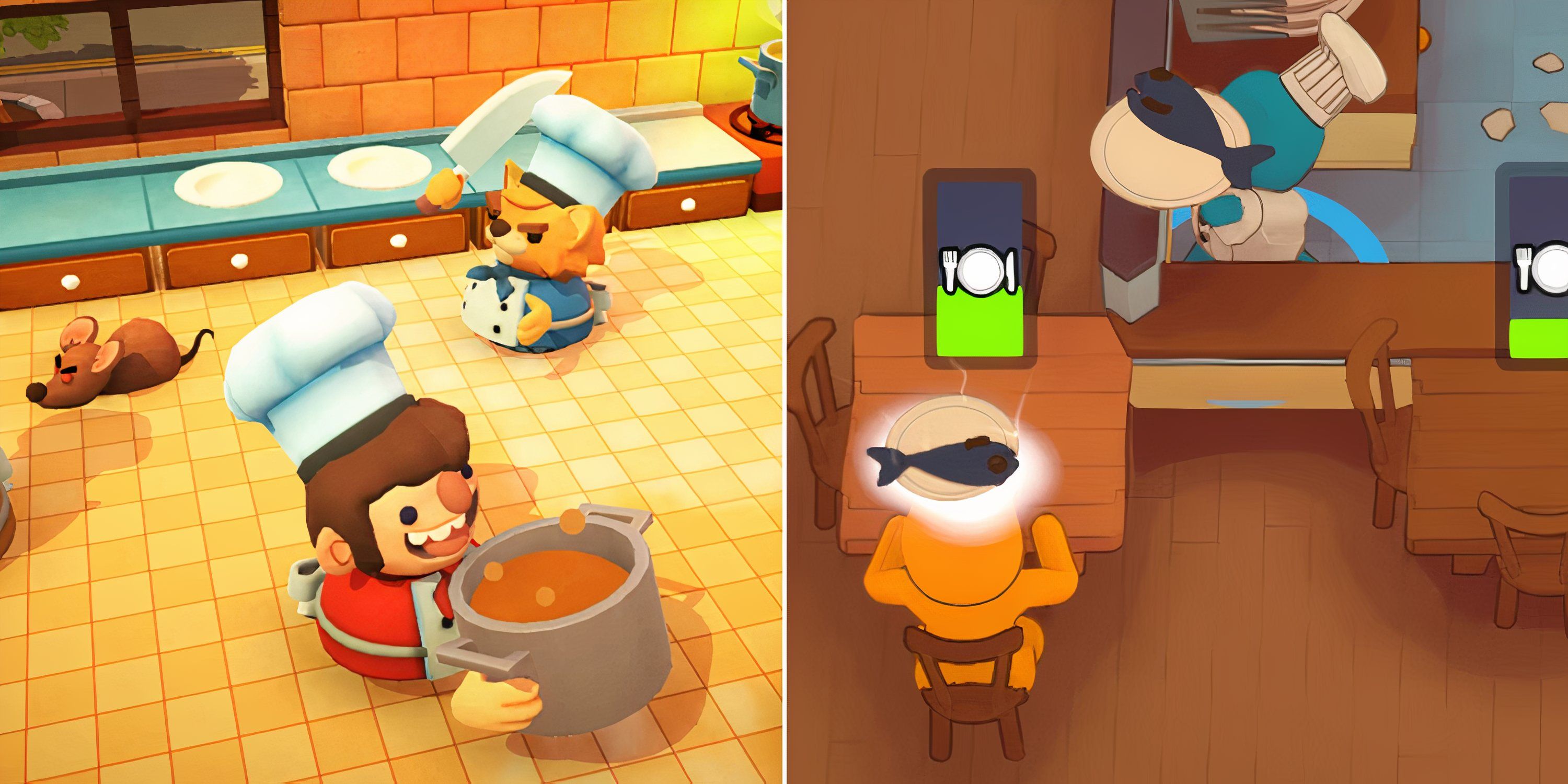 Chefs from Overcooked and Plate Up serving food