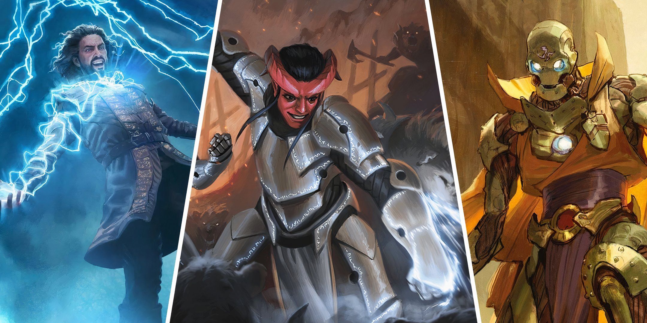 split image showing a wizard summoning lightning, an armored tiefling punching a gnoll, and a cloaked warforged 