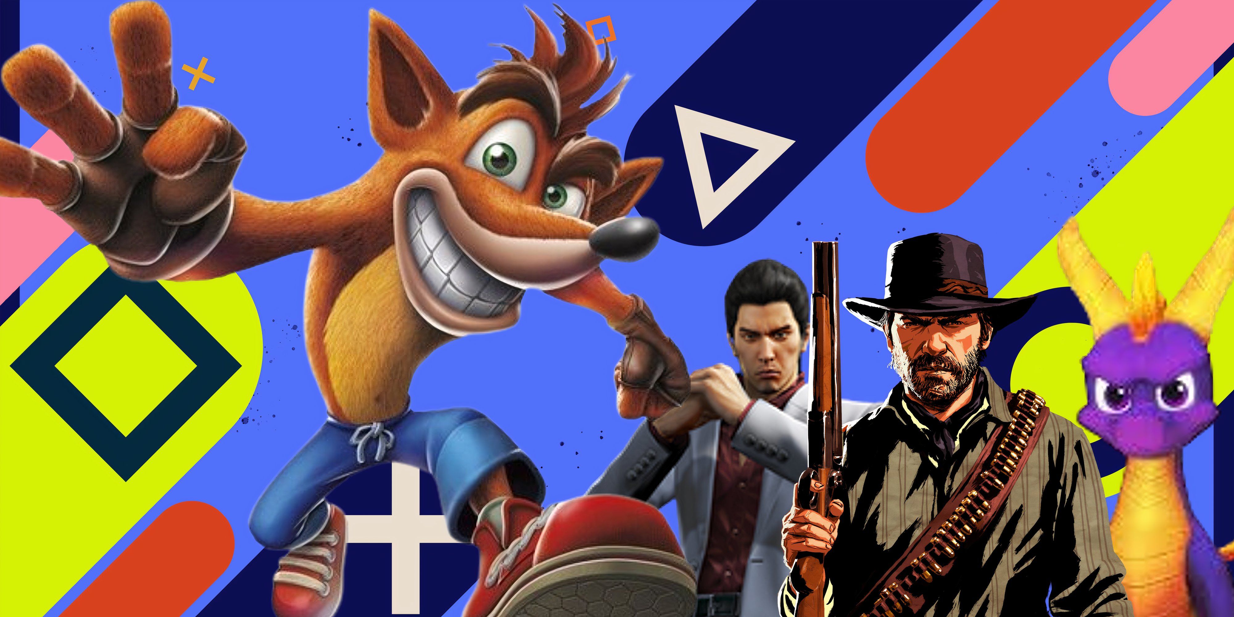 crash, kiryu, arthur, and spyro on a ps sale background