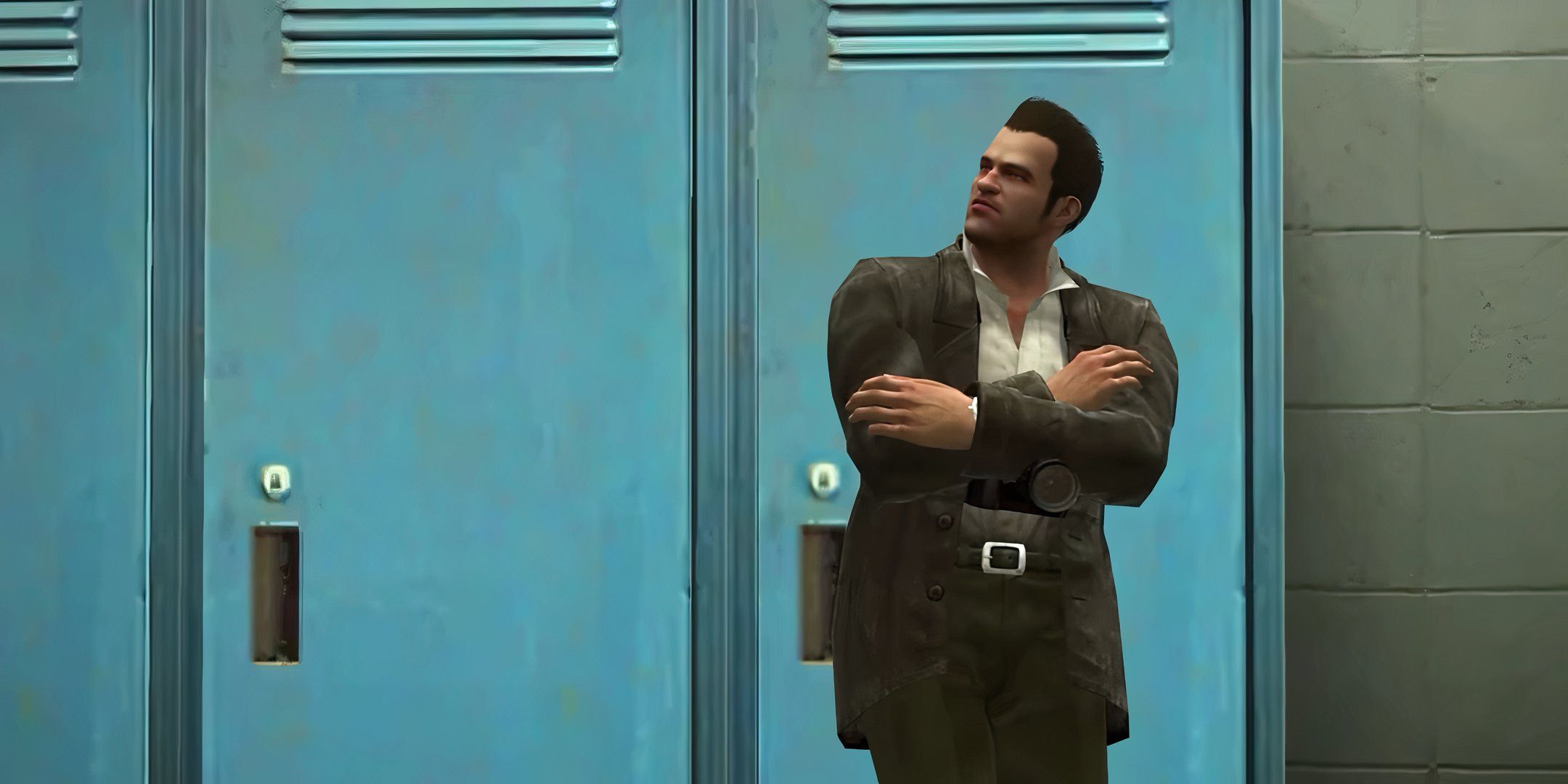 Frank West leaning against a locker in Dead Rising.