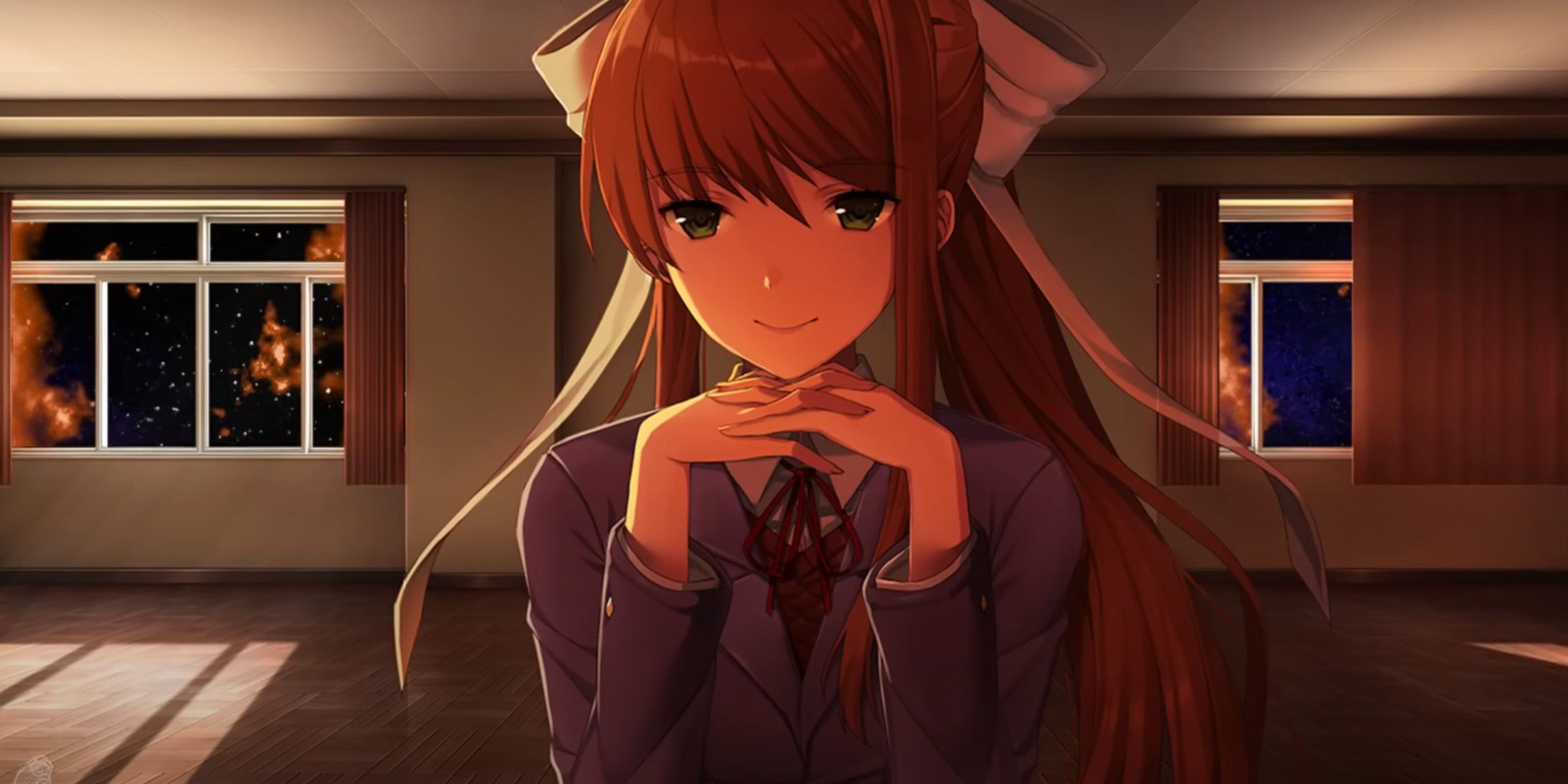 Monika from Doki Doki Literature Club looking at the player