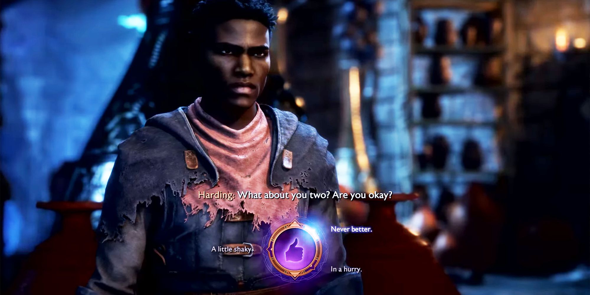 Dragon Age The Veilguard screenshot of Rook speaking to Harding with Inquisitions dialogue wheel