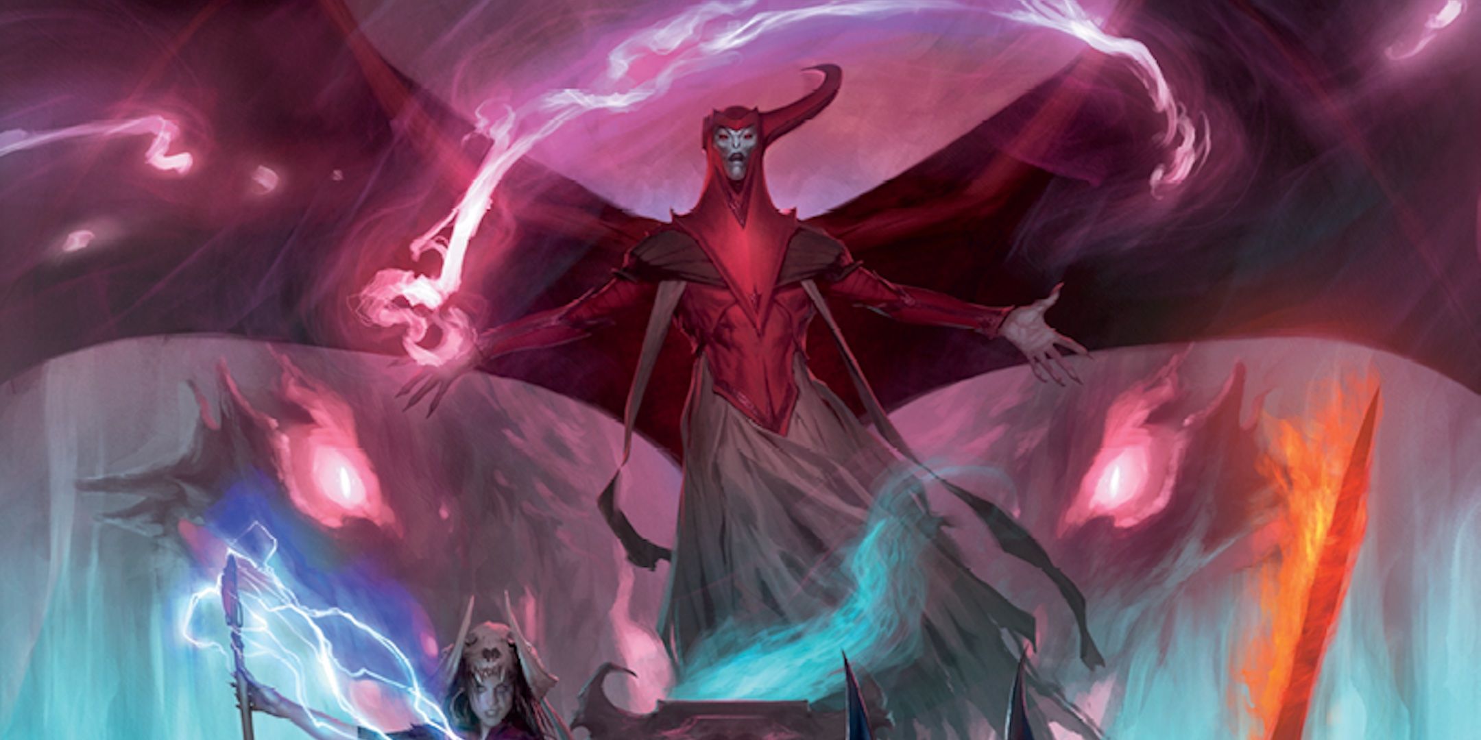 Venger, an archmage, holds pink fire in an arc above his head.